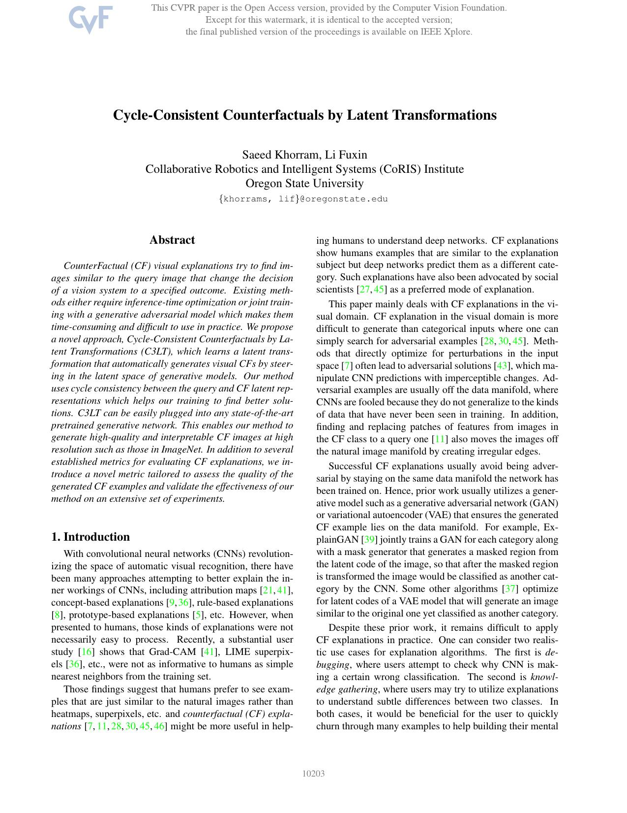 Cycle-Consistent Counterfactuals by Latent Transformations by Saeed Khorram & Li Fuxin