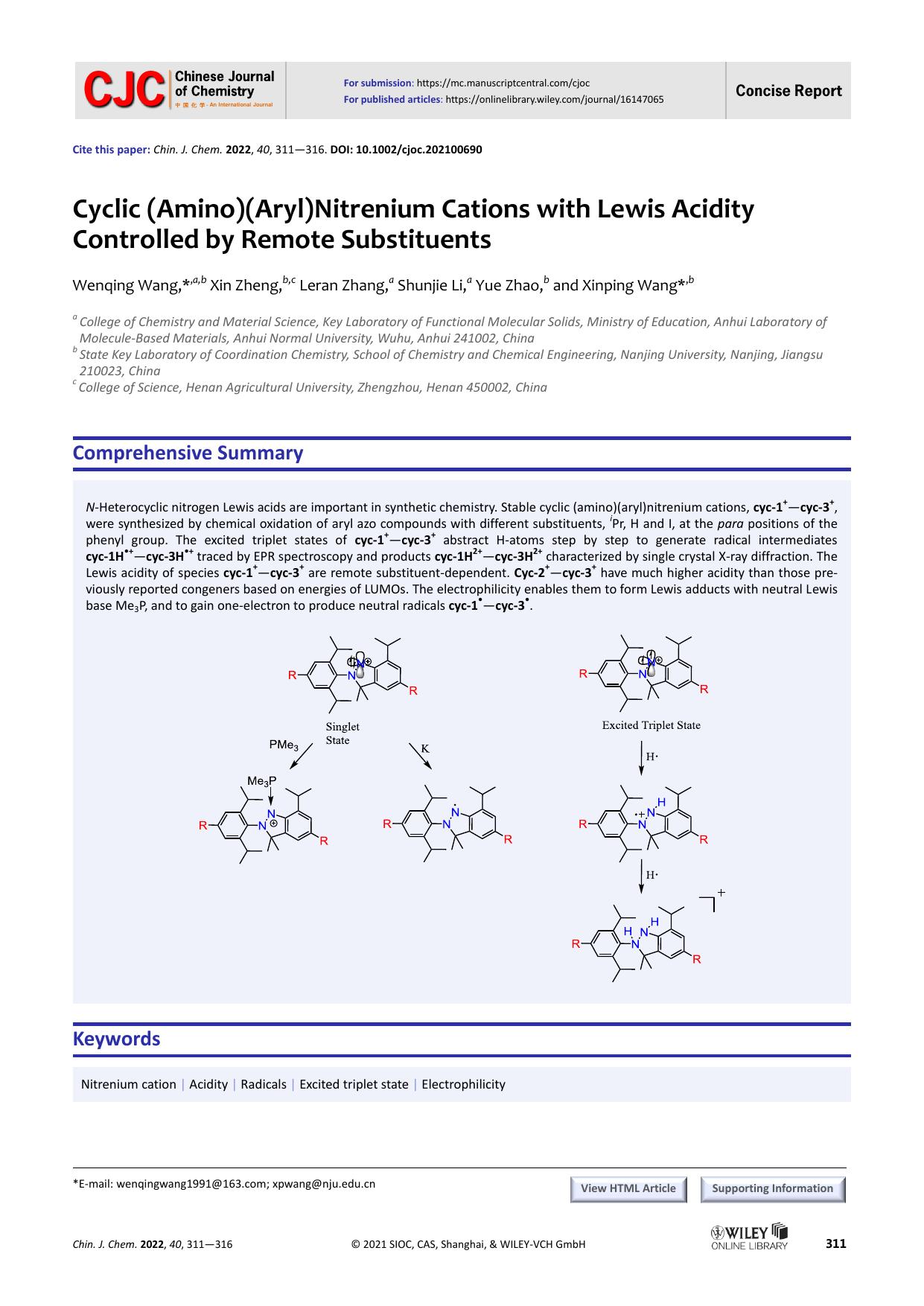 Cyclic (Amino)(Aryl)Nitrenium Cations with Lewis Acidity Controlled by Remote Substituents by admin