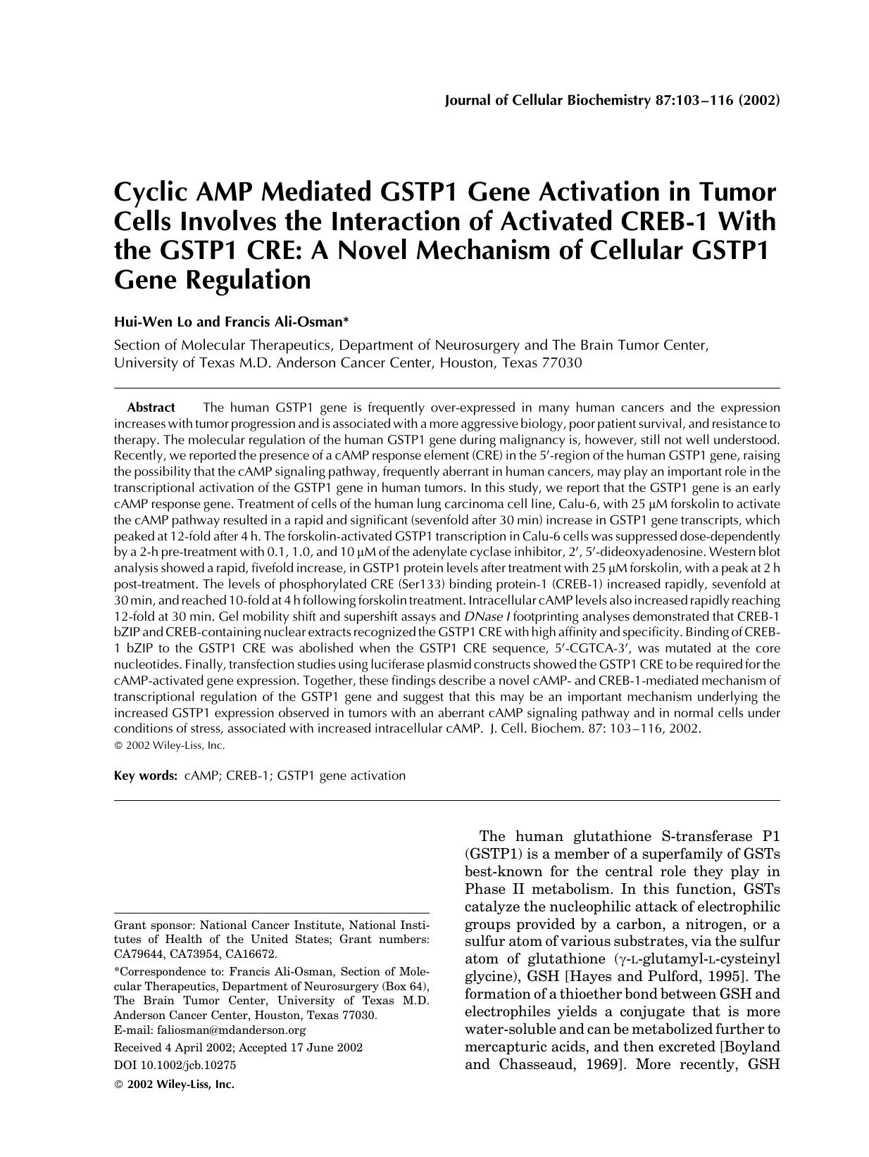 Cyclic AMP mediated GSTP1 gene activation in tumor cells involves the interaction of activated CREB-1 with the GSTP1 CRE: A novel mechanism of cellular GSTP1 gene regulation by Unknown