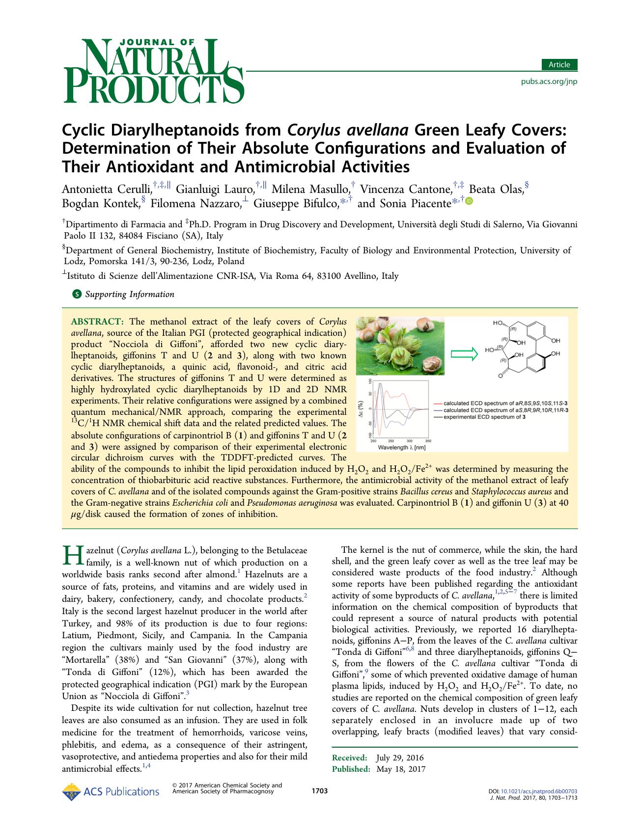 Cyclic Diarylheptanoids from Corylus avellana Green Leafy Covers: Determination of Their Absolute Configurations and Evaluation of Their Antioxidant and Antimicrobial Activities by unknow