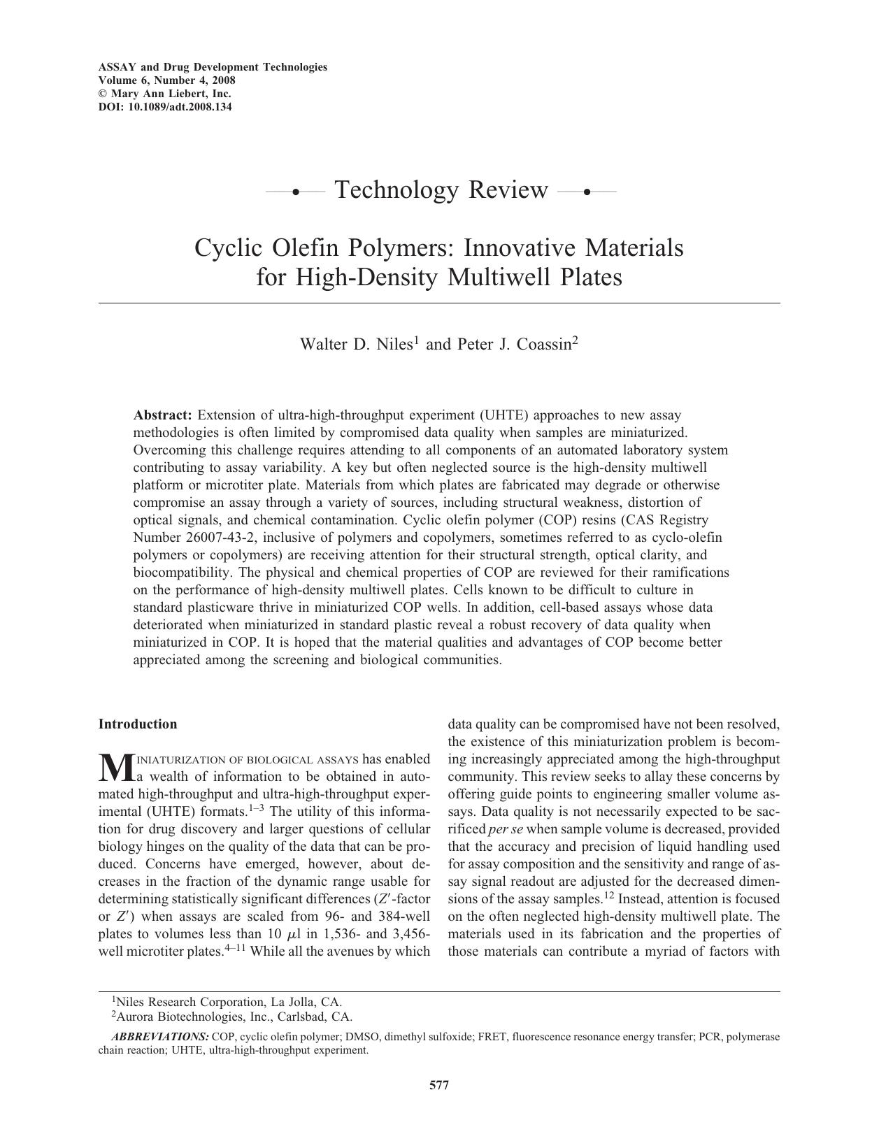 Cyclic Olefin Polymers: Innovative Materials for High-Density Multiwell Plates by Walter D. Niles Peter J. Coassin