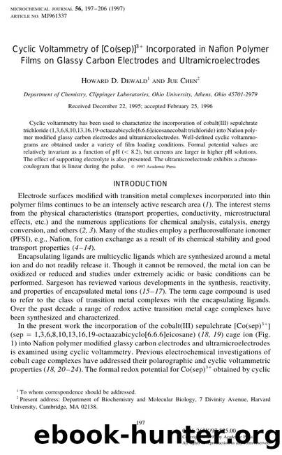 Cyclic Voltammetry of &lsqb;Co(sep)&rsqb;3+ Incorporated in Nafion Polymer Films on Glassy Carbon Electrodes and Ultramicroelectrodes by Dewald H. D. et al