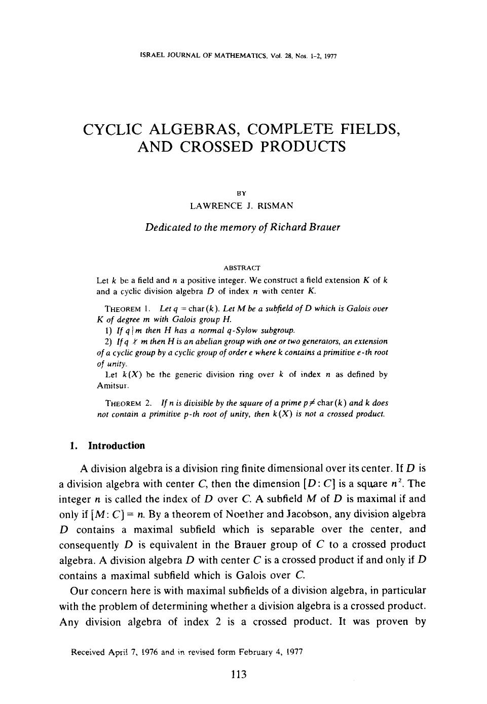 Cyclic algebras, complete fields, and crossed products by Unknown