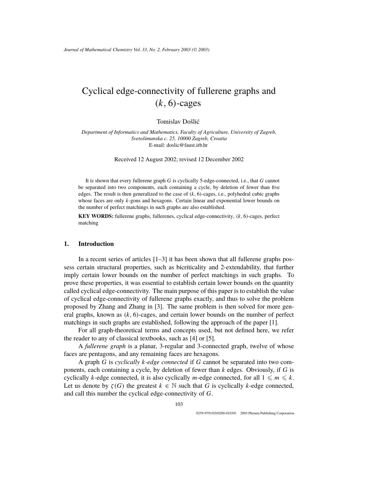 Cyclical Edge-Connectivity of Fullerene Graphs and (<Emphasis Type="Italic">k<Emphasis>, 6)-Cages by Unknown