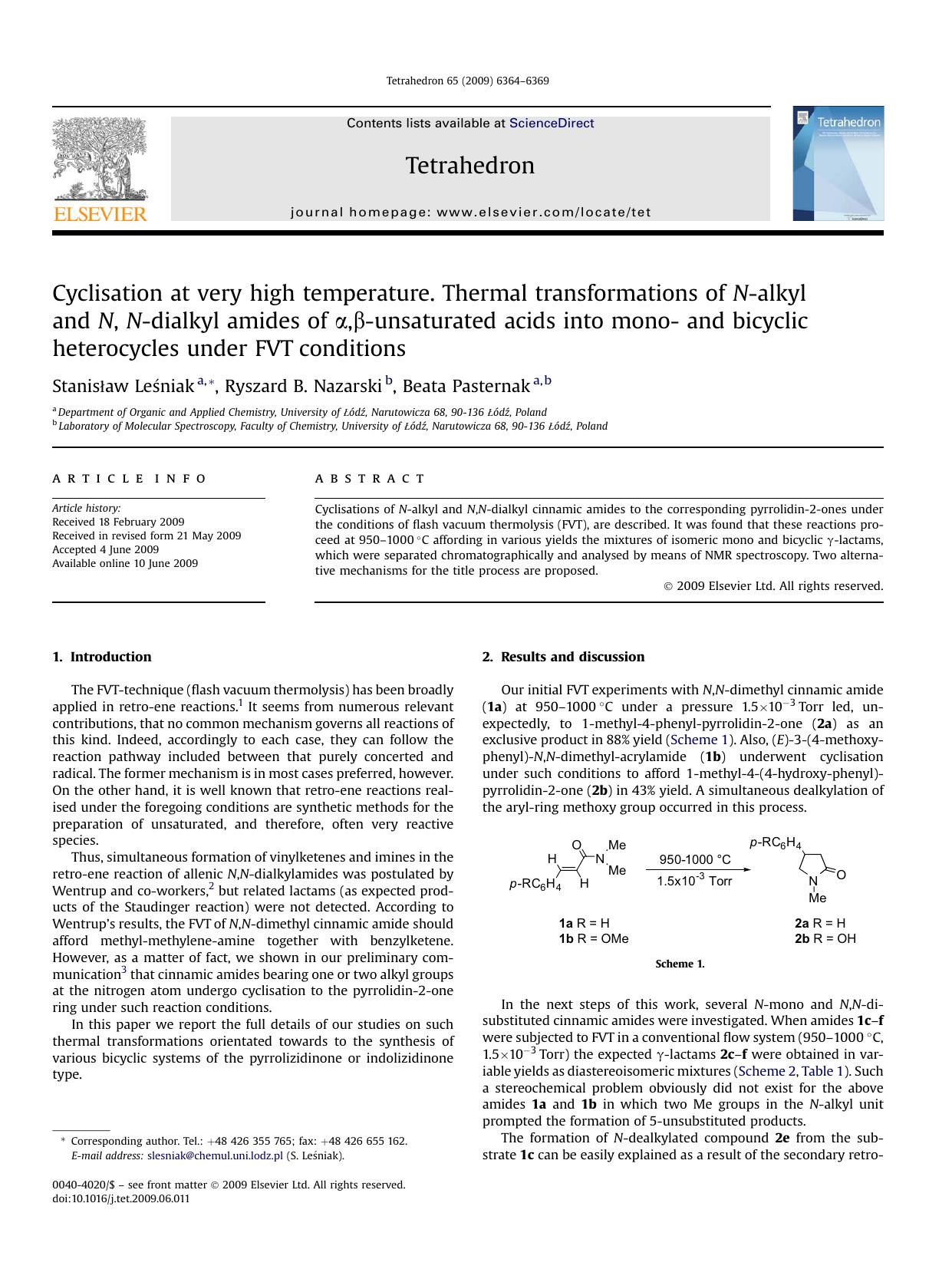 Cyclisation at very high temperature. Thermal transformations of N-alkyl and N, N-dialkyl amides of &alpha;,&beta;-unsaturated acids into mono- and bicyclic heterocycles under FVT conditions by Stanislstrokaw LeSniak; Ryszard B. Nazarski; Beata Pasternak