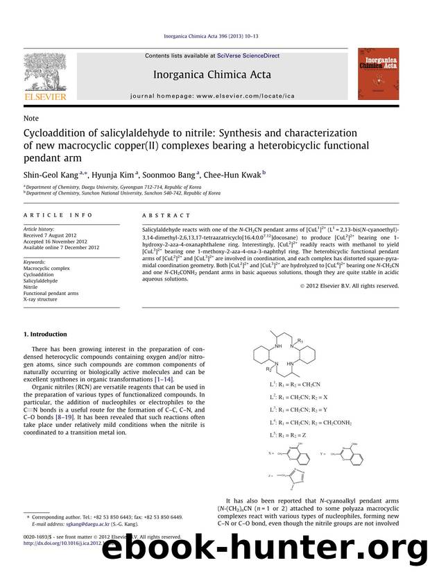 Cycloaddition of salicylaldehyde to nitrile: Synthesis and characterization of new macrocyclic copper(II) complexes bearing a heterobicyclic functional pendant arm by Shin-Geol Kang & Hyunja Kim & Soonmoo Bang & Chee-Hun Kwak