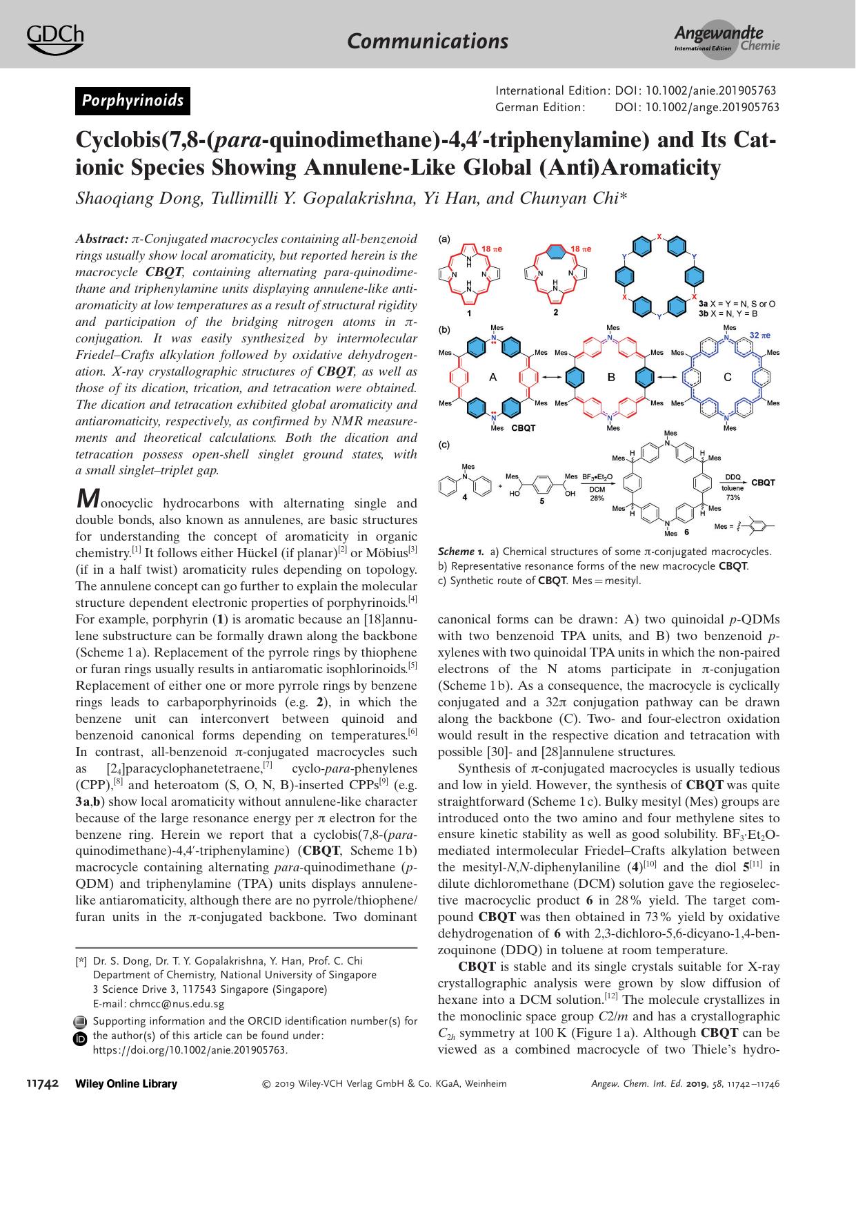 Cyclobis(7,8â(paraâquinodimethane)â4,4â²âtriphenylamine) and Its Cationic Species Showing AnnuleneâLike Global (Anti)Aromaticity by Unknown