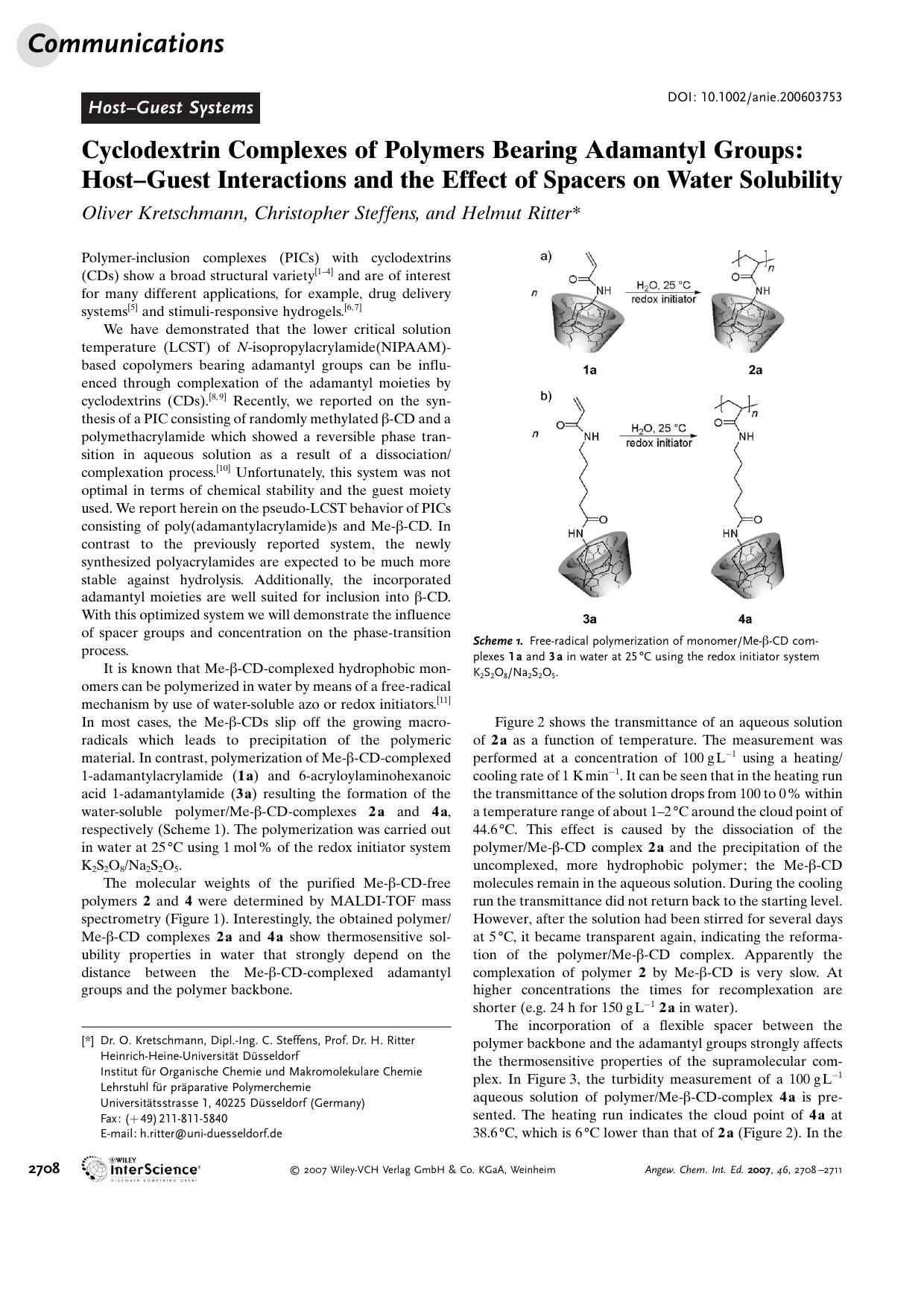 Cyclodextrin Complexes of Polymers Bearing Adamantyl Groups: Host-Guest Interactions and the Effect of Spacers on Water Solubility by Unknown