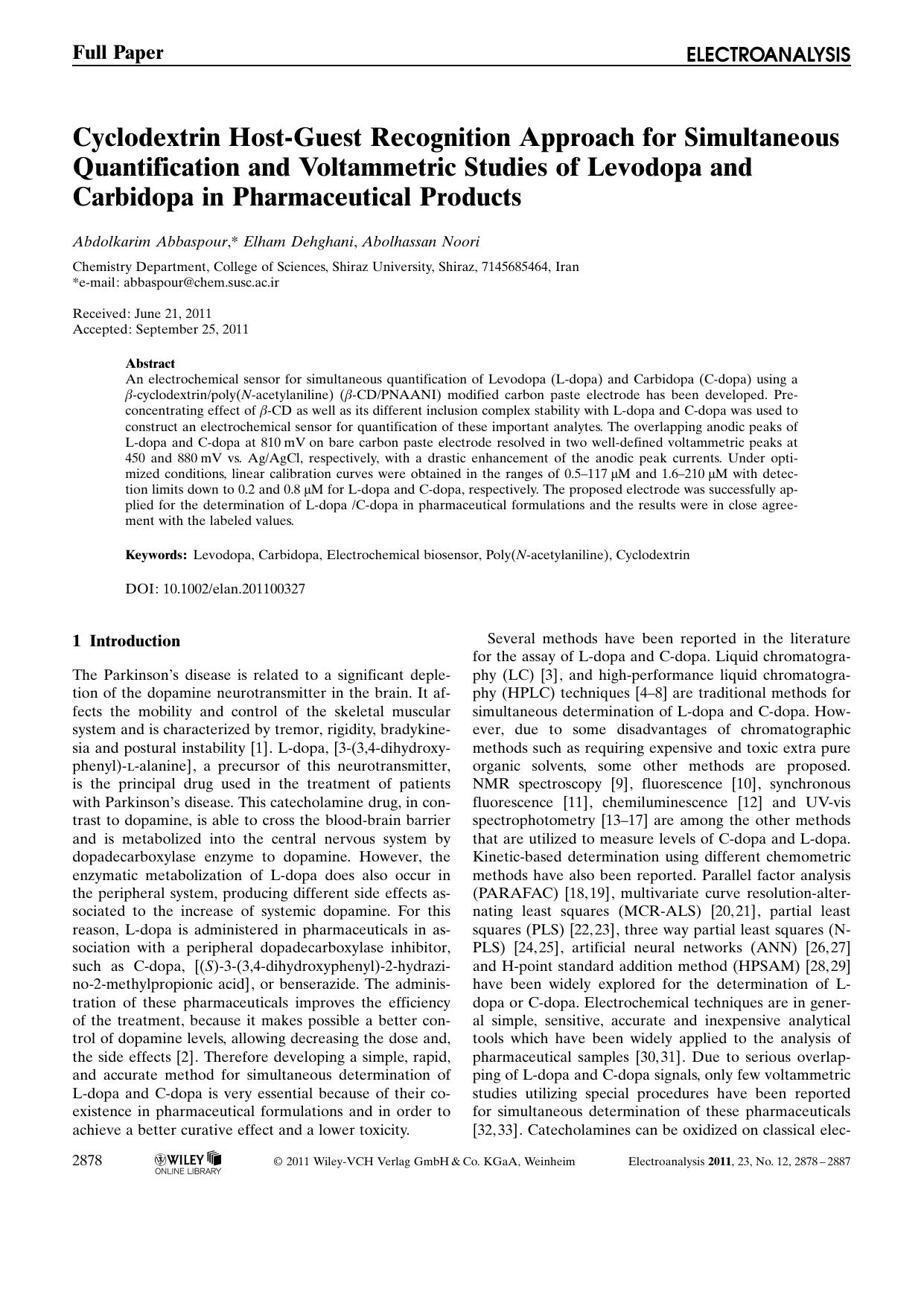 Cyclodextrin HostGuest Recognition Approach for Simultaneous Quantification and Voltammetric Studies of Levodopa and Carbidopa in Pharmaceutical Products by Unknown