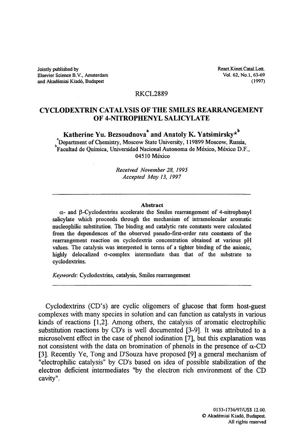 Cyclodextrin catalysis of the smiles rearrangement of 4-nitrophenyl salicylate by Unknown