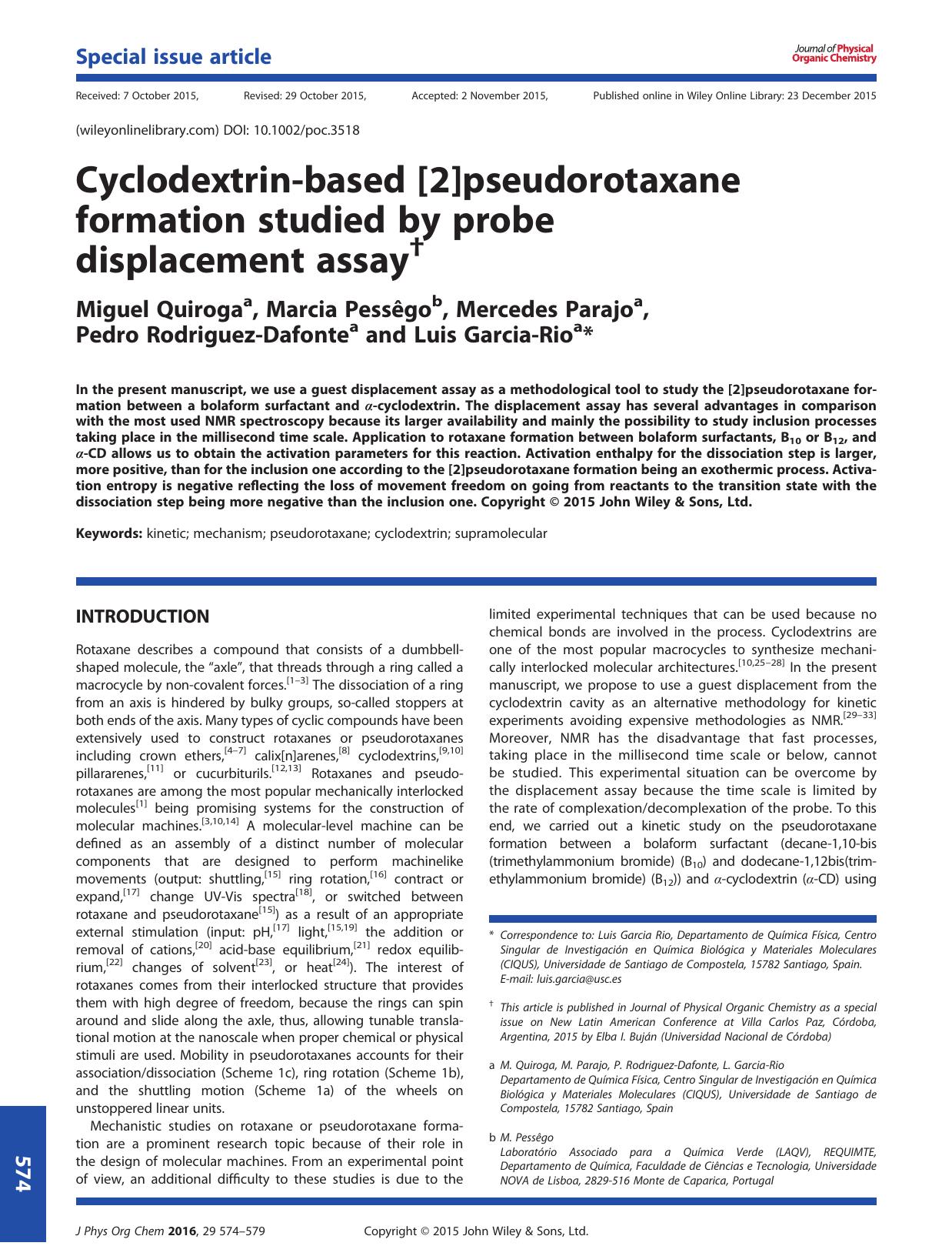Cyclodextrin-based [2]pseudorotaxane formation studied by probe displacement assay by Miguel Quiroga Marcia Pessêgo Mercedes Parajo Pedro Rodriguez-Dafonte Luis Garcia-Rio