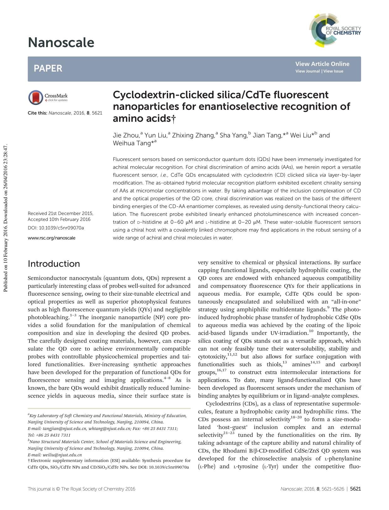 Cyclodextrin-clicked silicaCdTe fluorescent nanoparticles for enantioselective recognition of amino acids by Jie Zhou Yun Liu Zhixing Zhang Sha Yang Jian Tang Wei Liu Weihua Tang