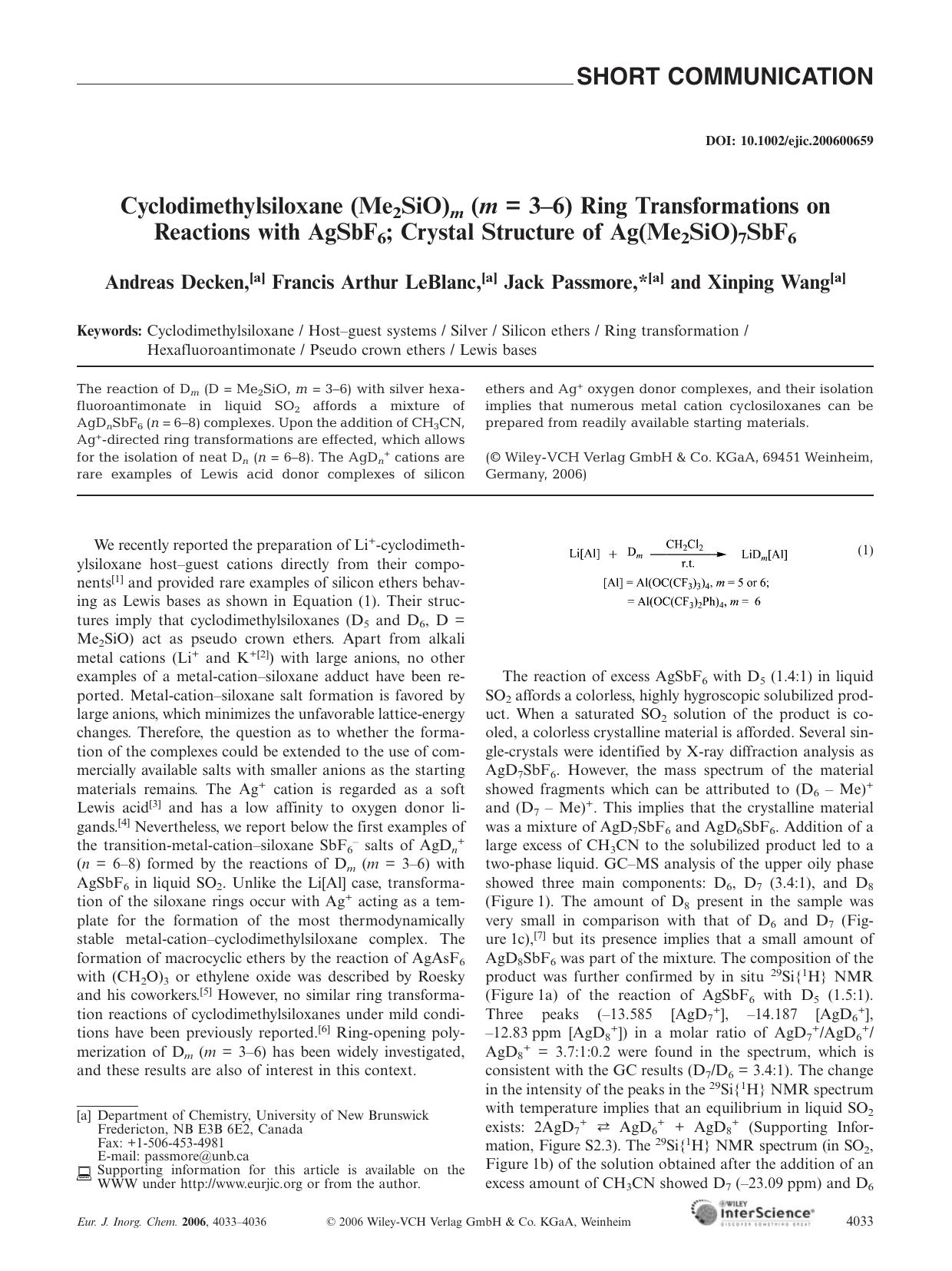 Cyclodimethylsiloxane (Me2SiO)m (m = 3-6) Ring Transformations on Reactions with AgSbF6; Crystal Structure of Ag(Me2SiO)7SbF6 by Unknown