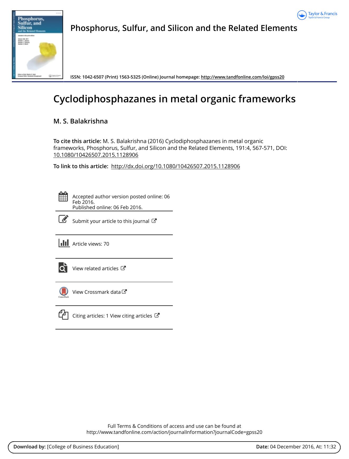 Cyclodiphosphazanes in metal organic frameworks by M. S. Balakrishna