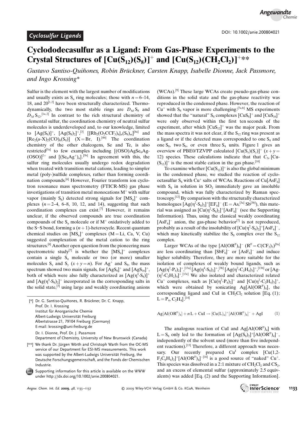 Cyclododecasulfur as a Ligand: From Gas-Phase Experiments to the Crystal Structures of [Cu(S12)(S8)]+ and [Cu(S12)(CH2Cl2)]+ by Unknown