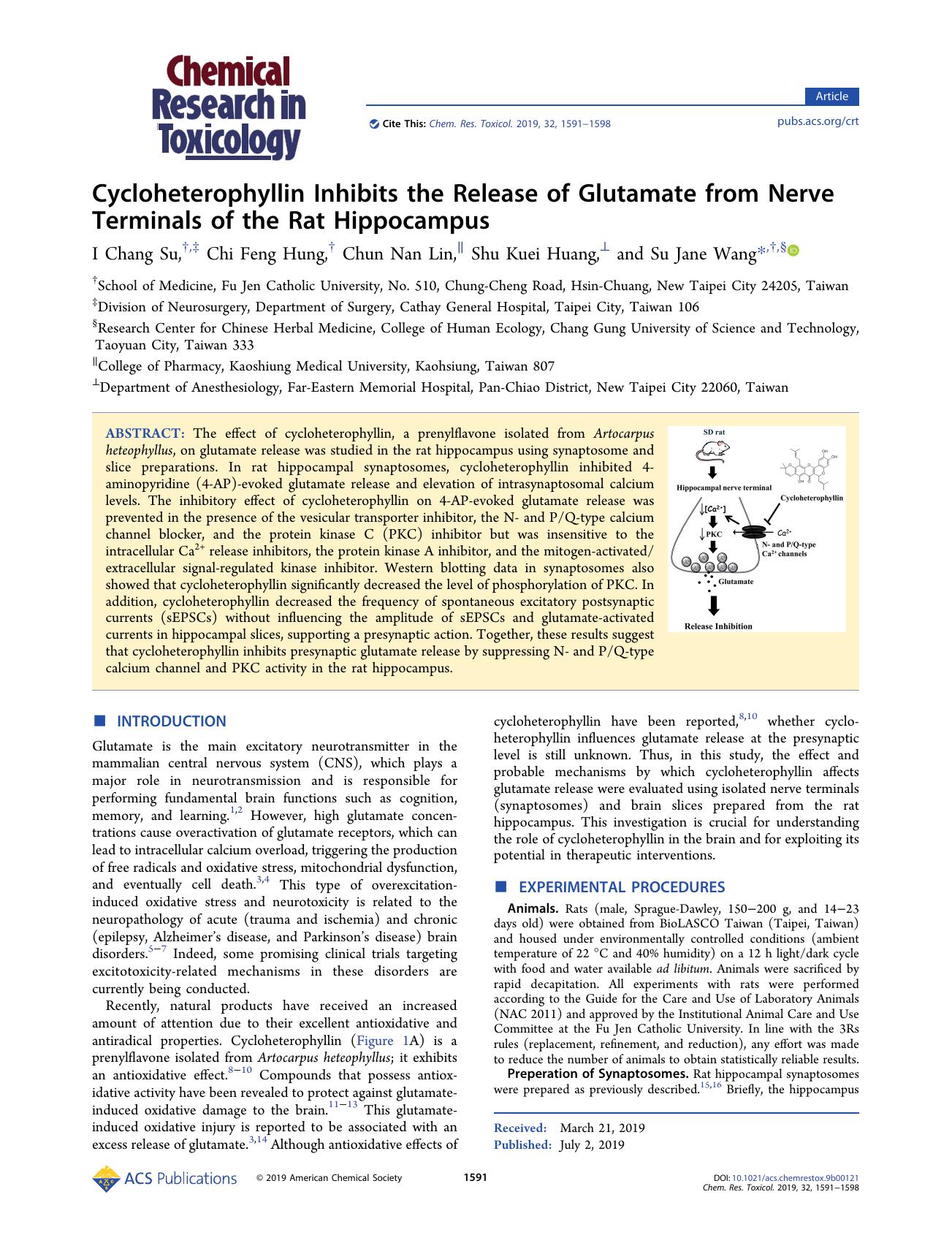 Cycloheterophyllin Inhibits the Release of Glutamate from Nerve Terminals of the Rat Hippocampus by I Chang Su Chi Feng Hung Chun Nan Lin Shu Kuei Huang and Su Jane Wang