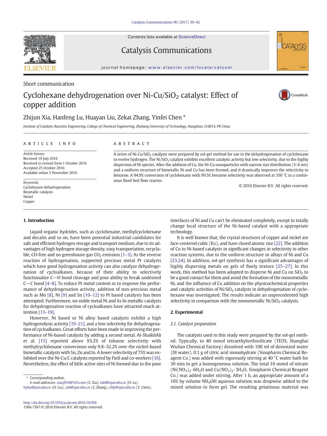 Cyclohexane dehydrogenation over Ni-CuSiO2 catalyst: Effect of copper addition by Zhijun Xia & Hanfeng Lu & Huayan Liu & Zekai Zhang & Yinfei Chen