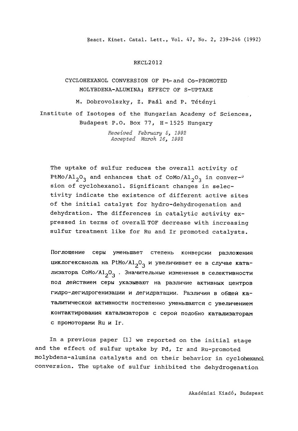 Cyclohexanol conversion of Pt-and Co-promoted molybdena-alumina; Effect of S-uptake by Unknown