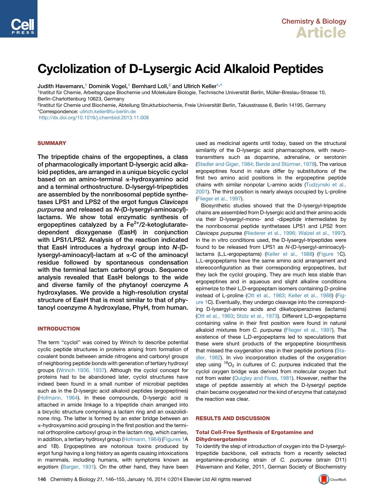 Cyclolization of D-Lysergic Acid Alkaloid Peptides by Judith Havemann & Dominik Vogel & Bernhard Loll & Ullrich Keller