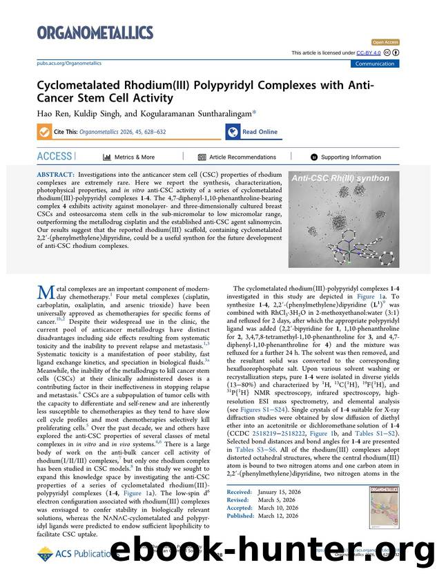 Cyclometalated Rhodium(III) Polypyridyl Complexes with Anti-Cancer Stem Cell Activity by Hao Ren Kuldip Singh and Kogularamanan Suntharalingam