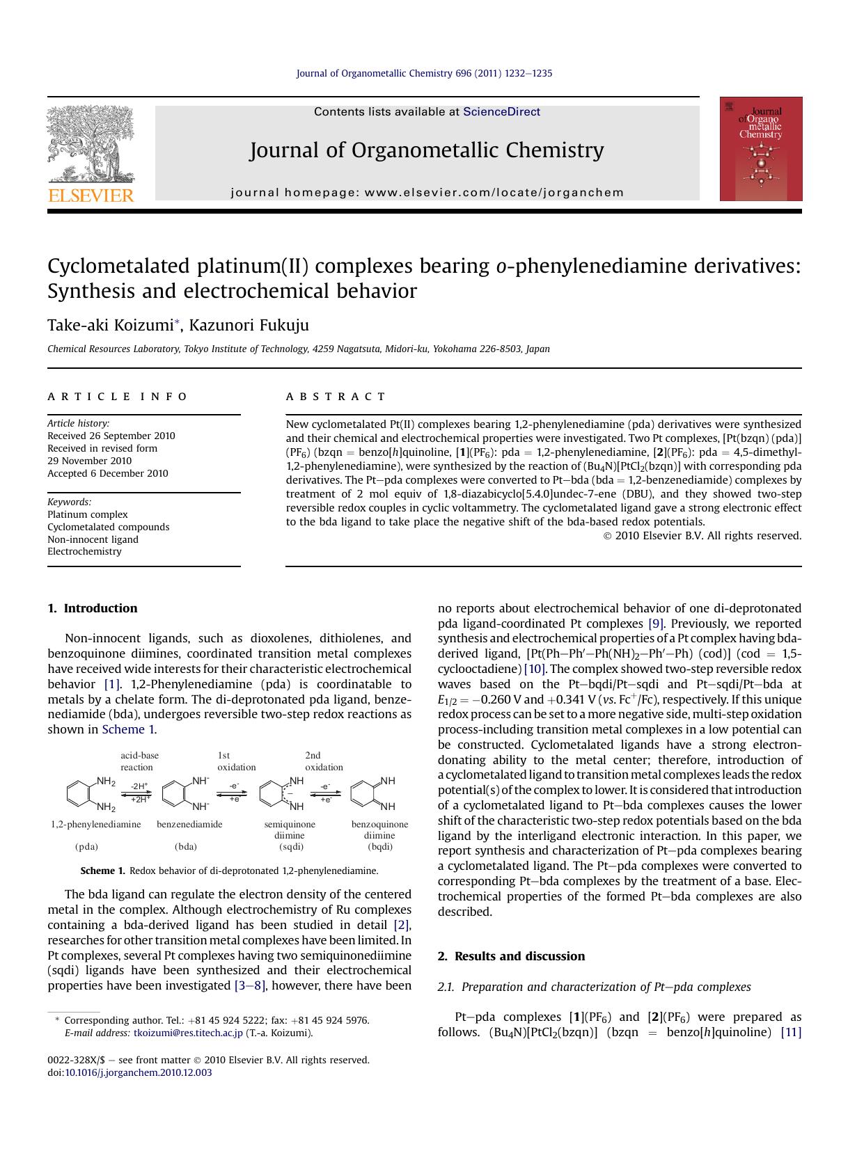 Cyclometalated platinum(II) complexes bearing o-phenylenediamine derivatives: Synthesis and electrochemical behavior by Take-aki Koizumi & Kazunori Fukuju