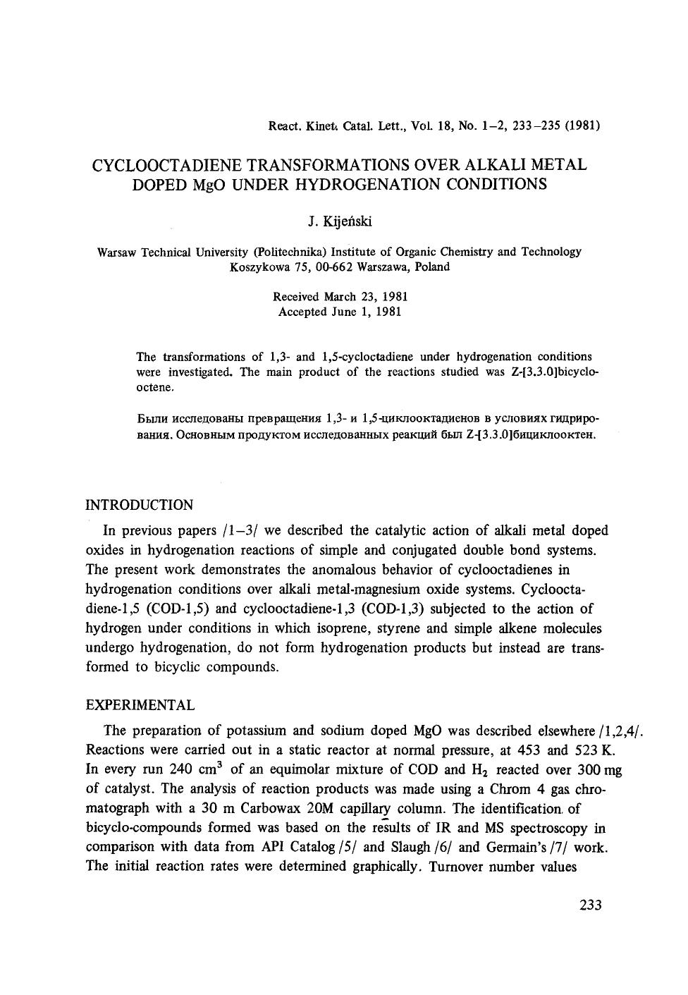 Cyclooctadiene transformations over alkali metal doped MgO under hydrogenation conditions by Unknown