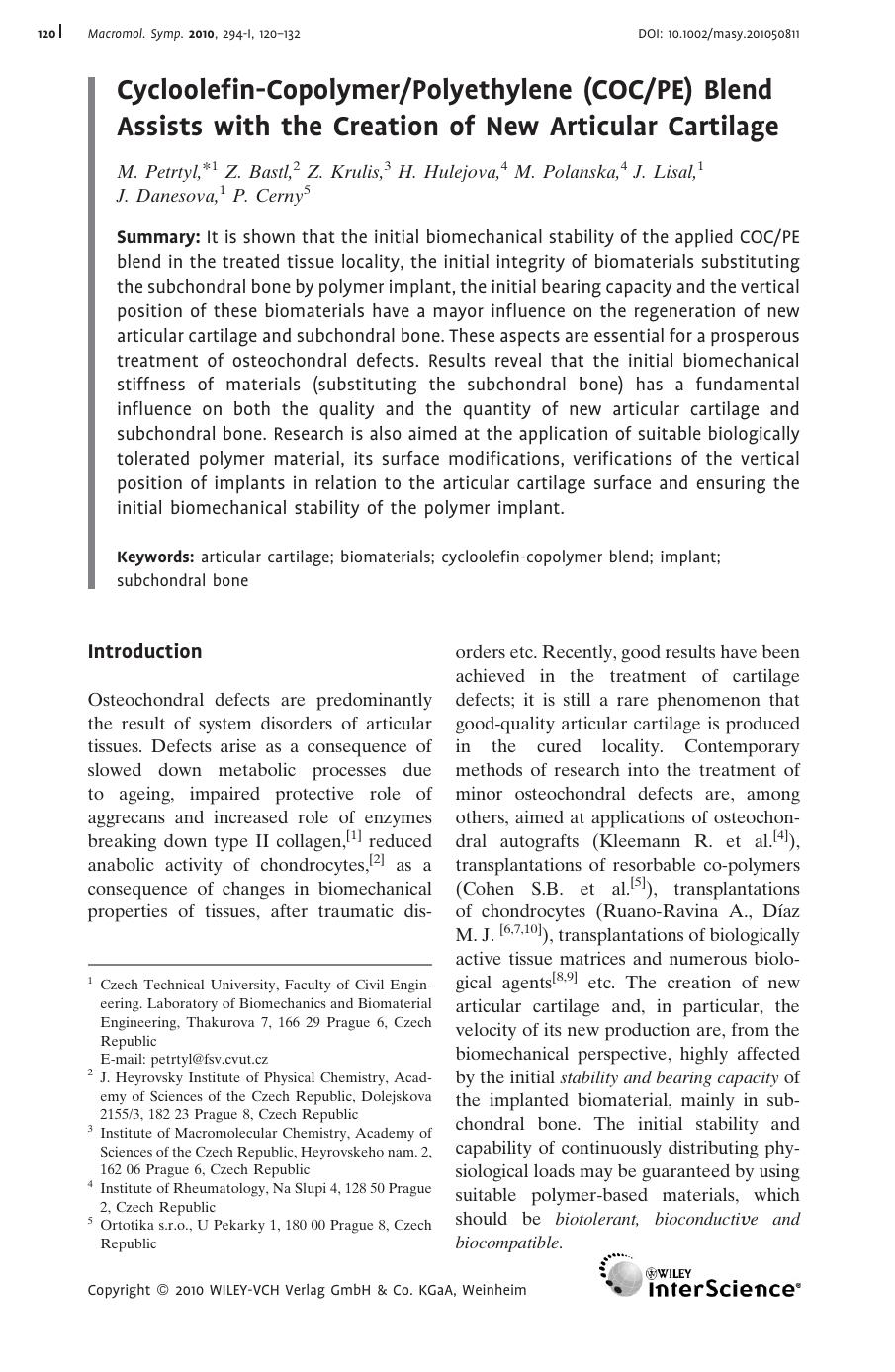 CycloolefinCopolymerPolyethylene (COCPE) Blend Assists with the Creation of New Articular Cartilage by Unknown