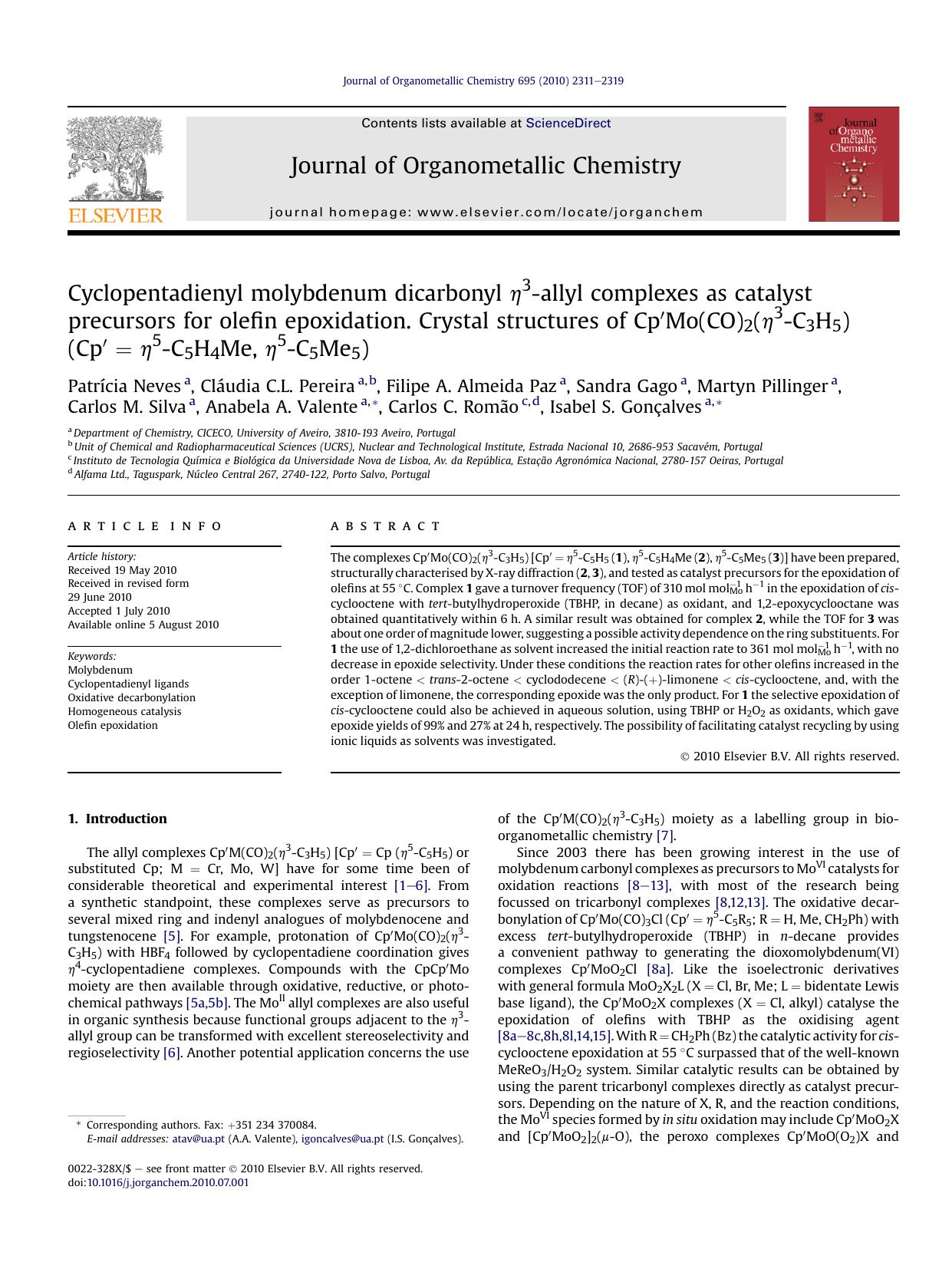 Cyclopentadienyl molybdenum dicarbonyl &eta;3-allyl complexes as catalyst precursors for olefin epoxidation. Crystal structures of Cp&prime;Mo(CO)2(&eta;3-C3H5) (Cp&prime;&nbsp;=&n by unknow