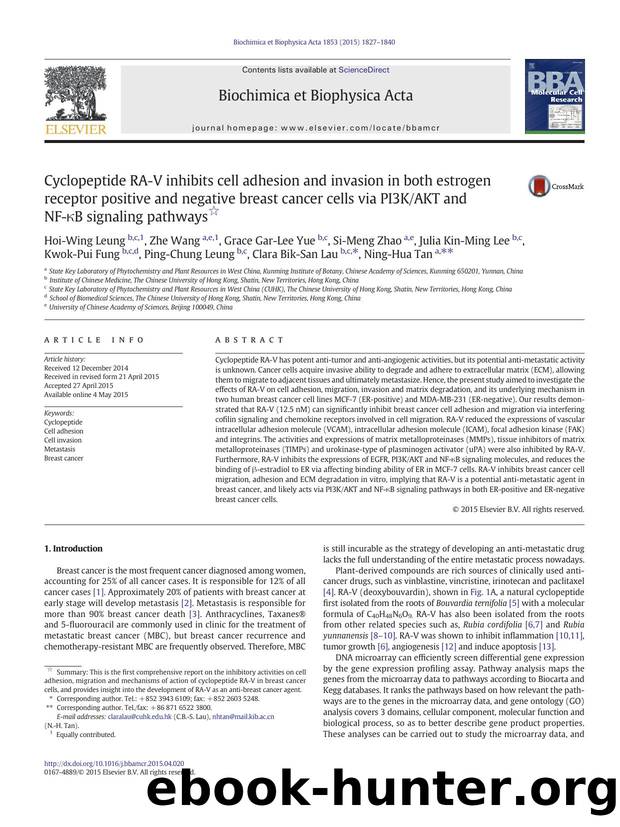 Cyclopeptide RA-V inhibits cell adhesion and invasion in both estrogen receptor positive and negative breast cancer cells via PI3KAKT and NF-ÎºB signaling pathways by unknow