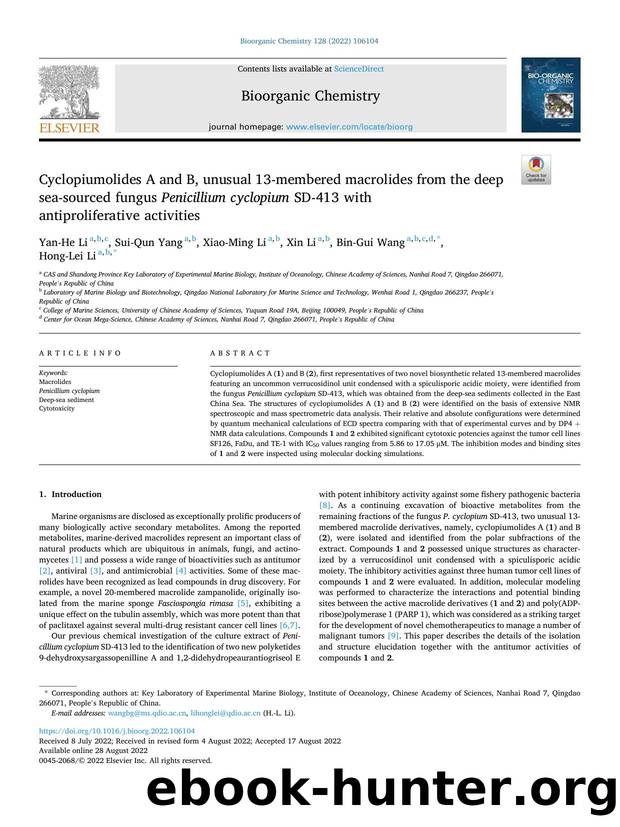 Cyclopiumolides A and B, unusual 13-membered macrolides from the deep sea-sourced fungus Penicillium cyclopium SD-413 with antiproliferative activities by Yan-He Li & Sui-Qun Yang & Xiao-Ming Li & Xin Li & Bin-Gui Wang & Hong-Lei Li