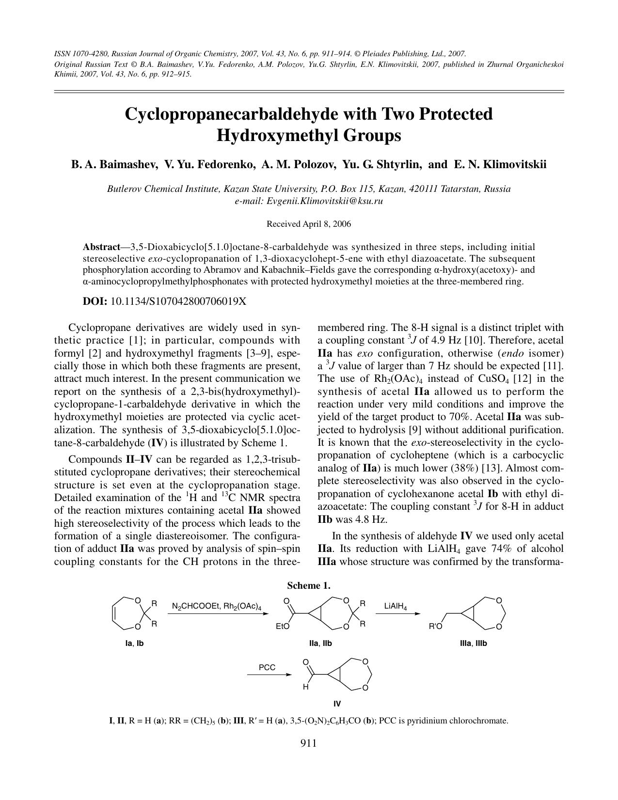 Cyclopropanecarbaldehyde with two protected hydroxymethyl groups by Unknown