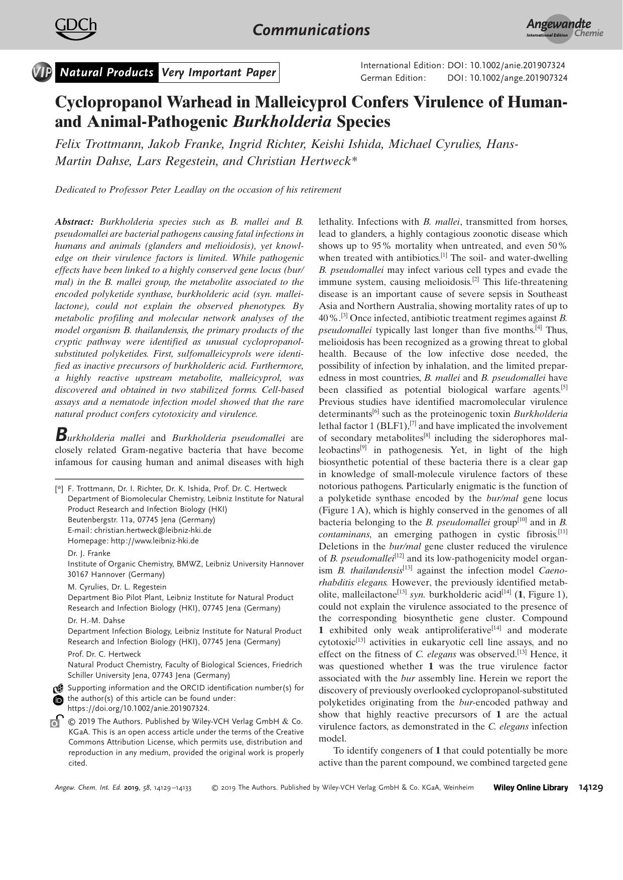 Cyclopropanol Warhead in Malleicyprol Confers Virulence of Humanâ and AnimalâPathogenic Burkholderia Species by Unknown