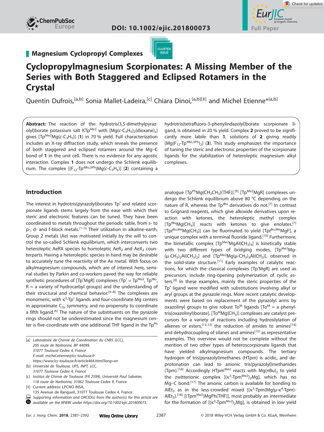 Cyclopropylmagnesium Scorpionates: A Missing Member of the Series with Both Staggered and Eclipsed Rotamers in the Crystal by Unknown