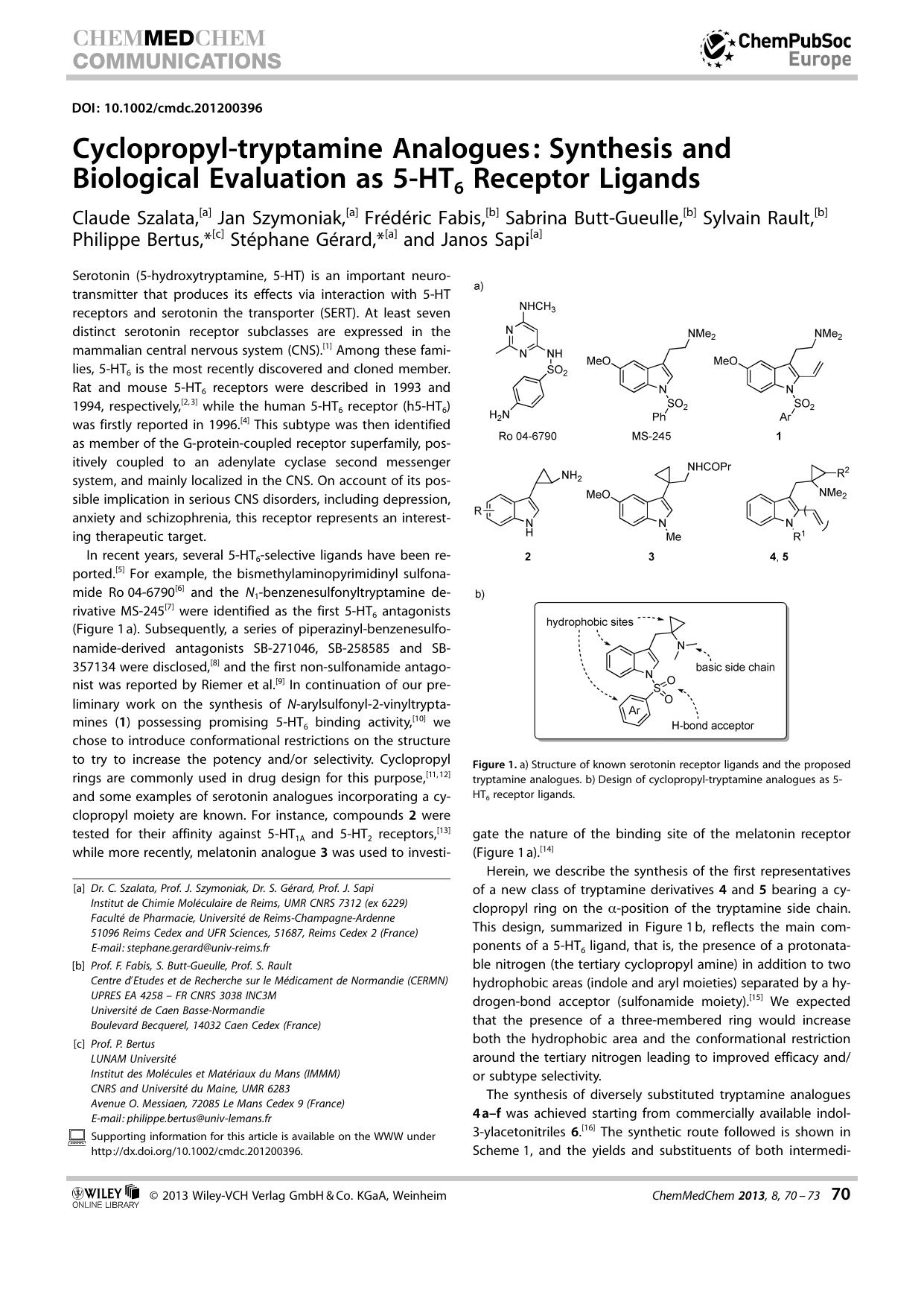Cyclopropyltryptamine Analogues: Synthesis and Biological Evaluation as 5HT6 Receptor Ligands by Unknown