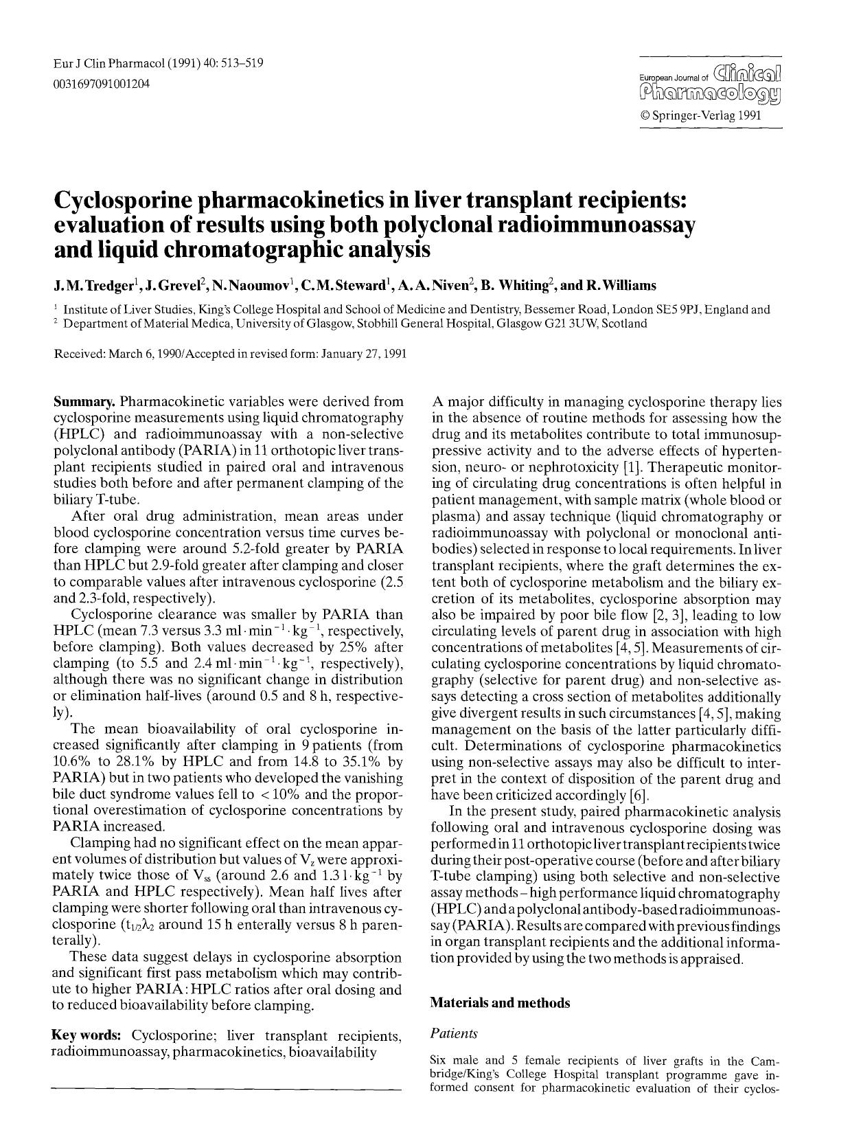 Cyclosporine pharmacokinetics in liver transplant recipients: evaluation of results using both polyclonal radioimmunoassay and liquid chromatographic analysis by Unknown