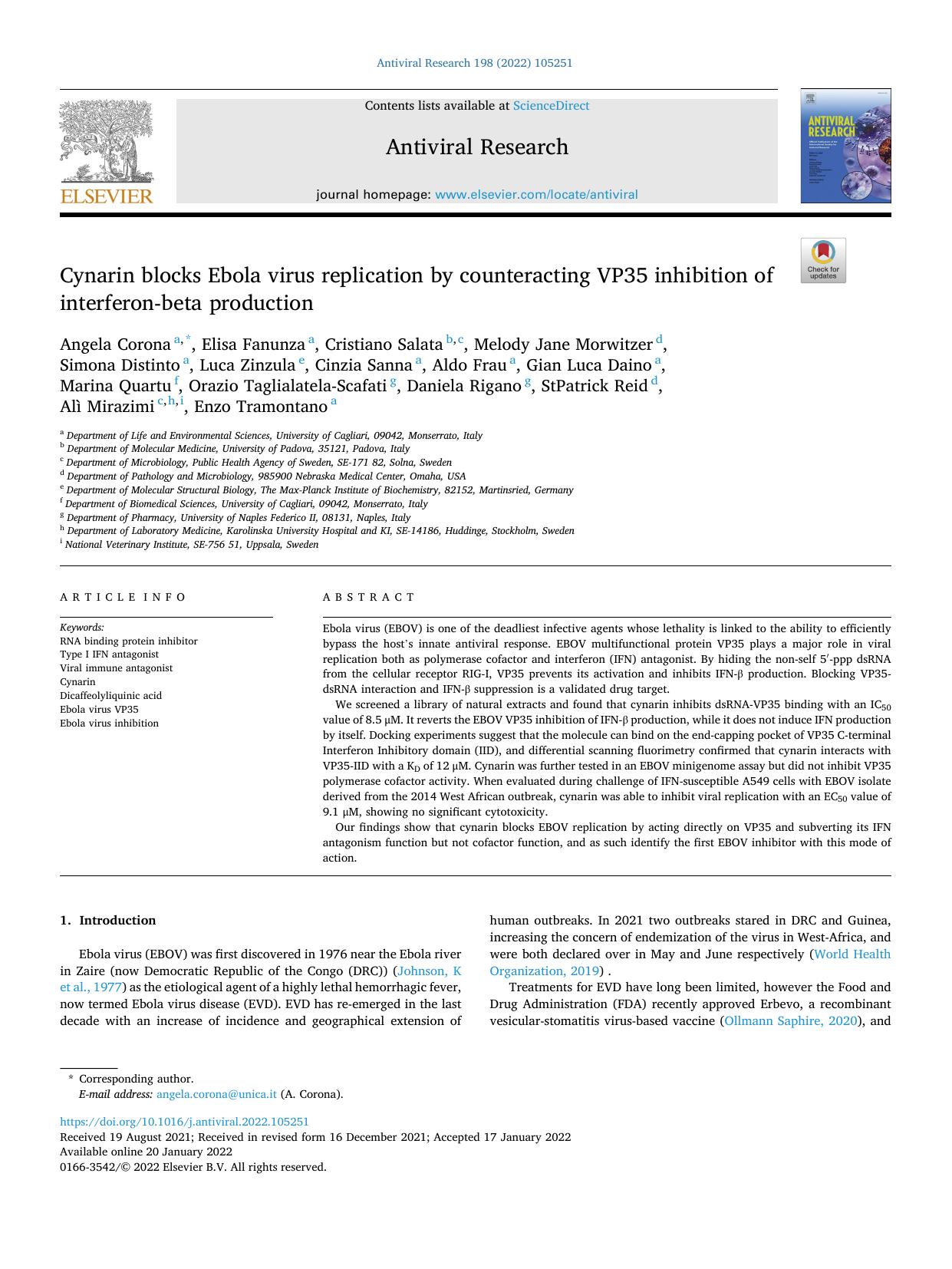 Cynarin blocks Ebola virus replication by counteracting VP35 inhibition of interferon-beta production by unknow