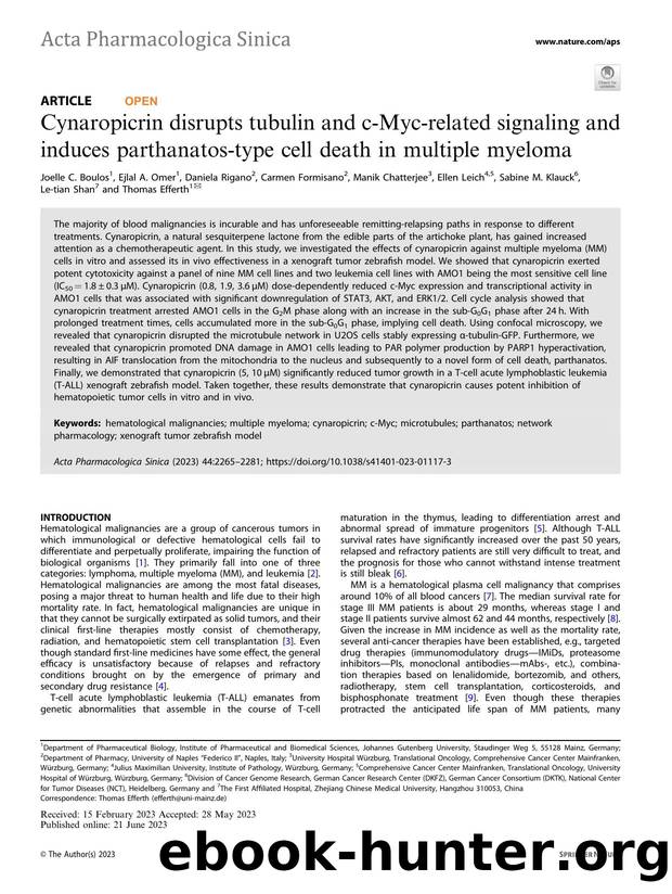 Cynaropicrin disrupts tubulin and c-Myc-related signaling and induces parthanatos-type cell death in multiple myeloma by unknow