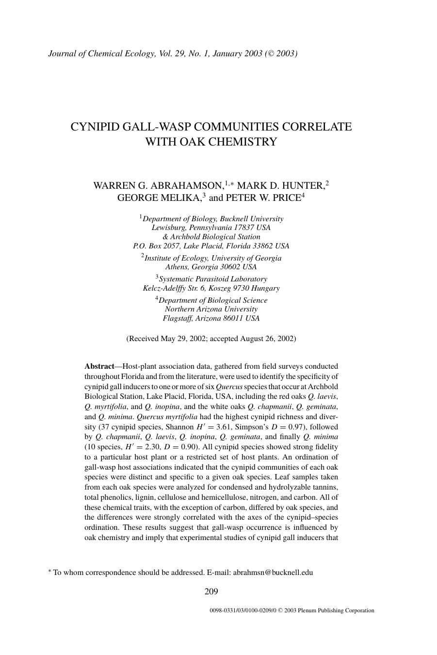 Cynipid Gall-Wasp Communities Correlate with Oak Chemistry by Unknown