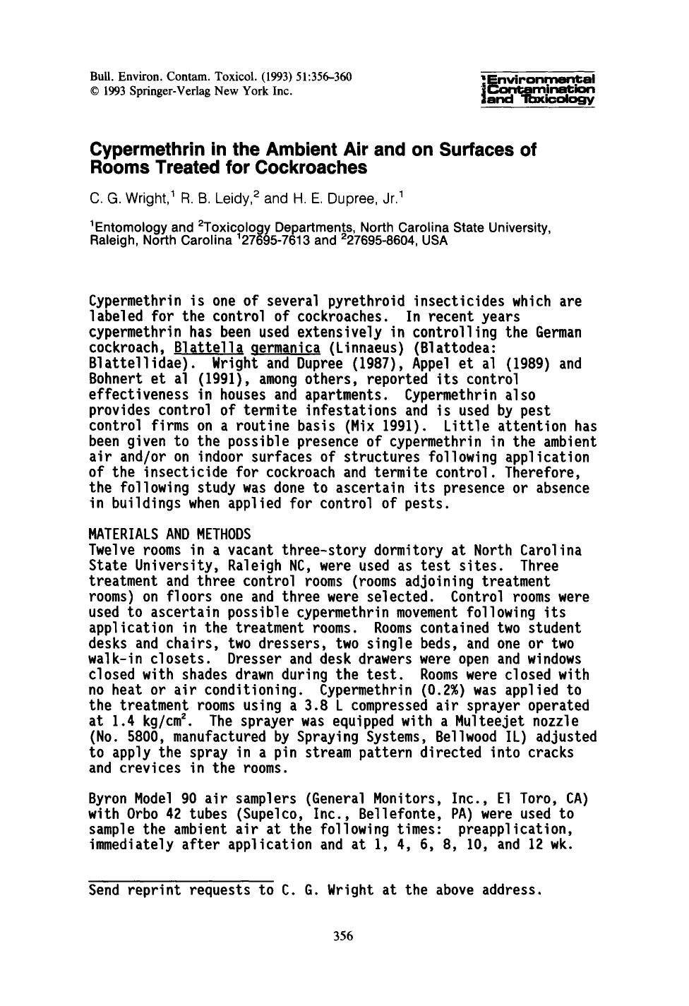 Cypermethrin in the ambient air and on surfaces of rooms treated for cockroaches by Unknown