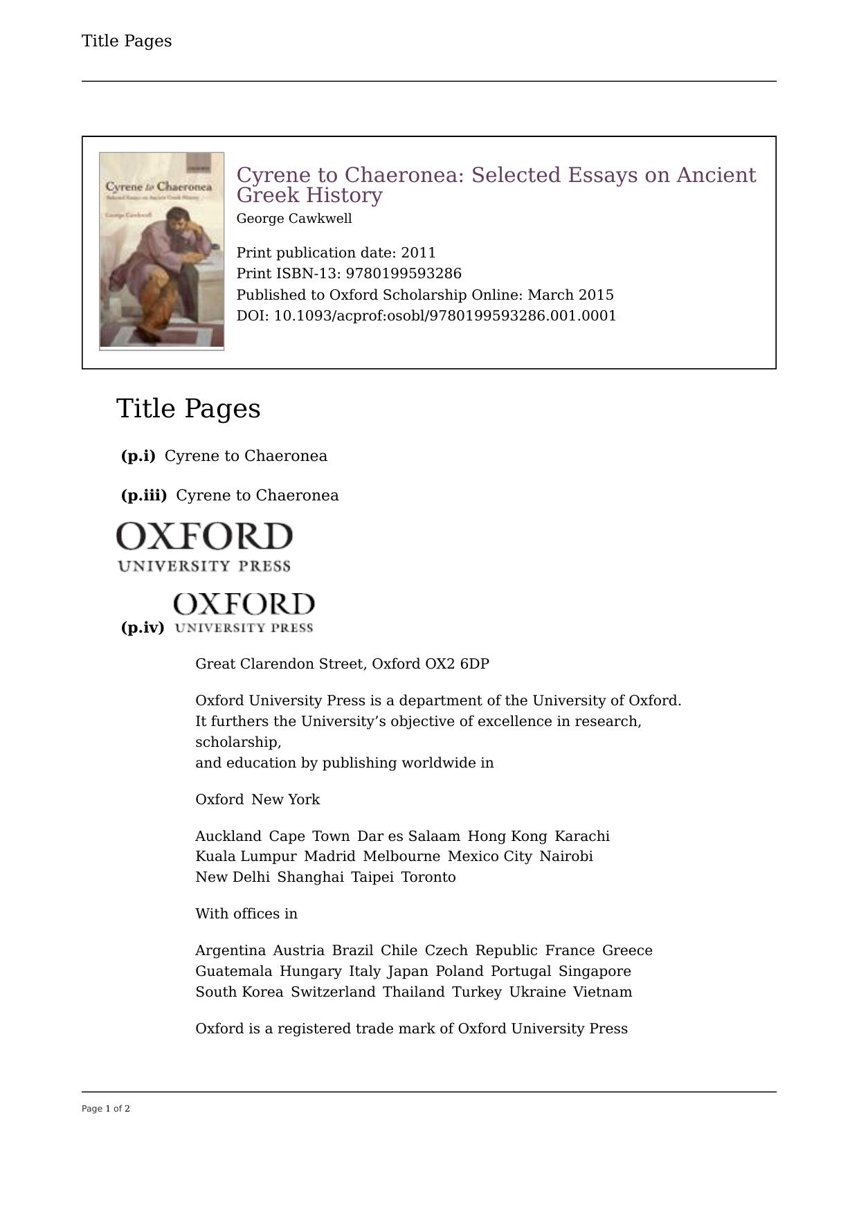 Cyrene to Chaeronea: Selected Essays on Ancient Greek History by George Cawkwell