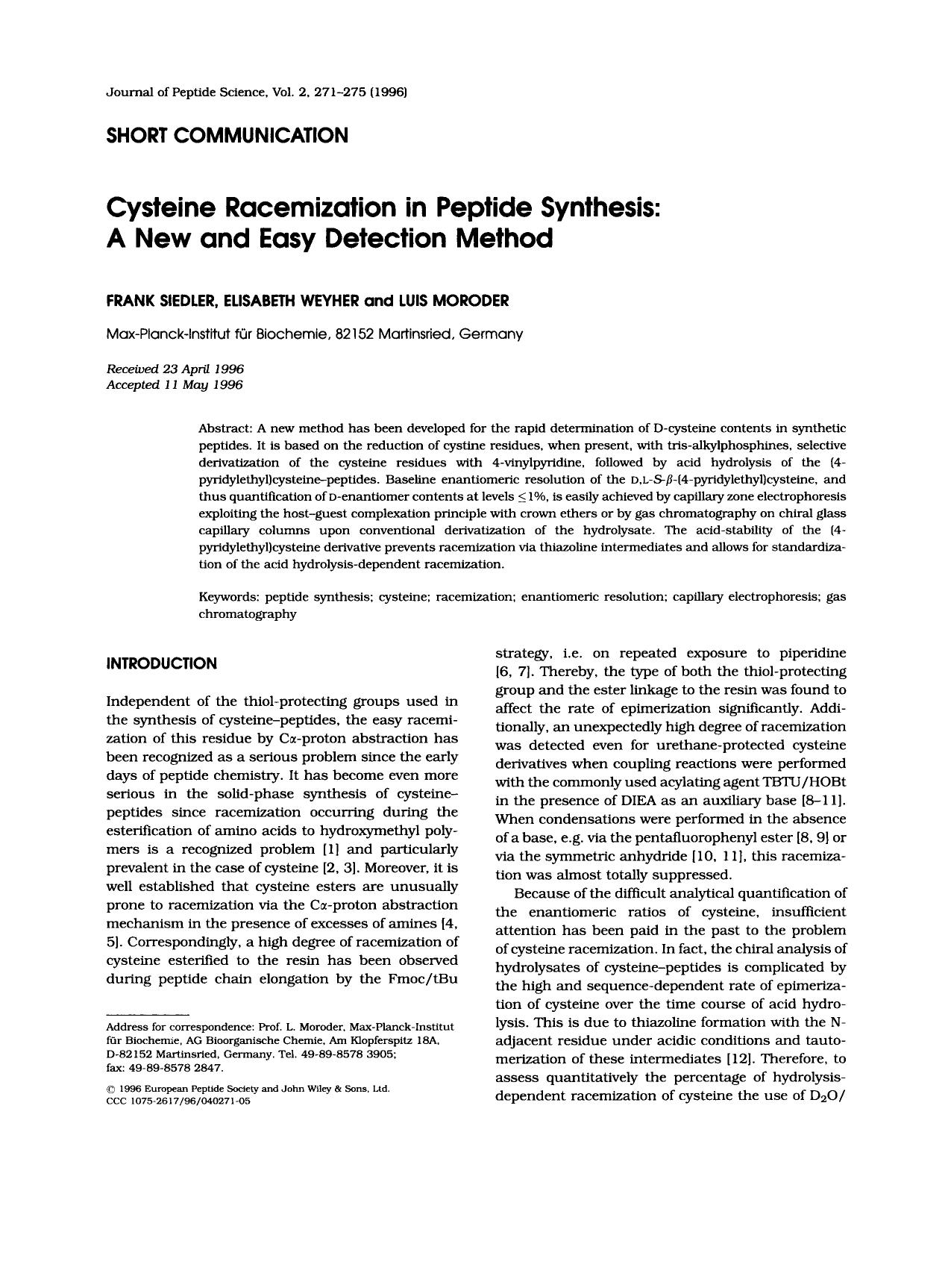 Cysteine Racemization in Peptide Synthesis: A New and Easy Detection Method by Unknown