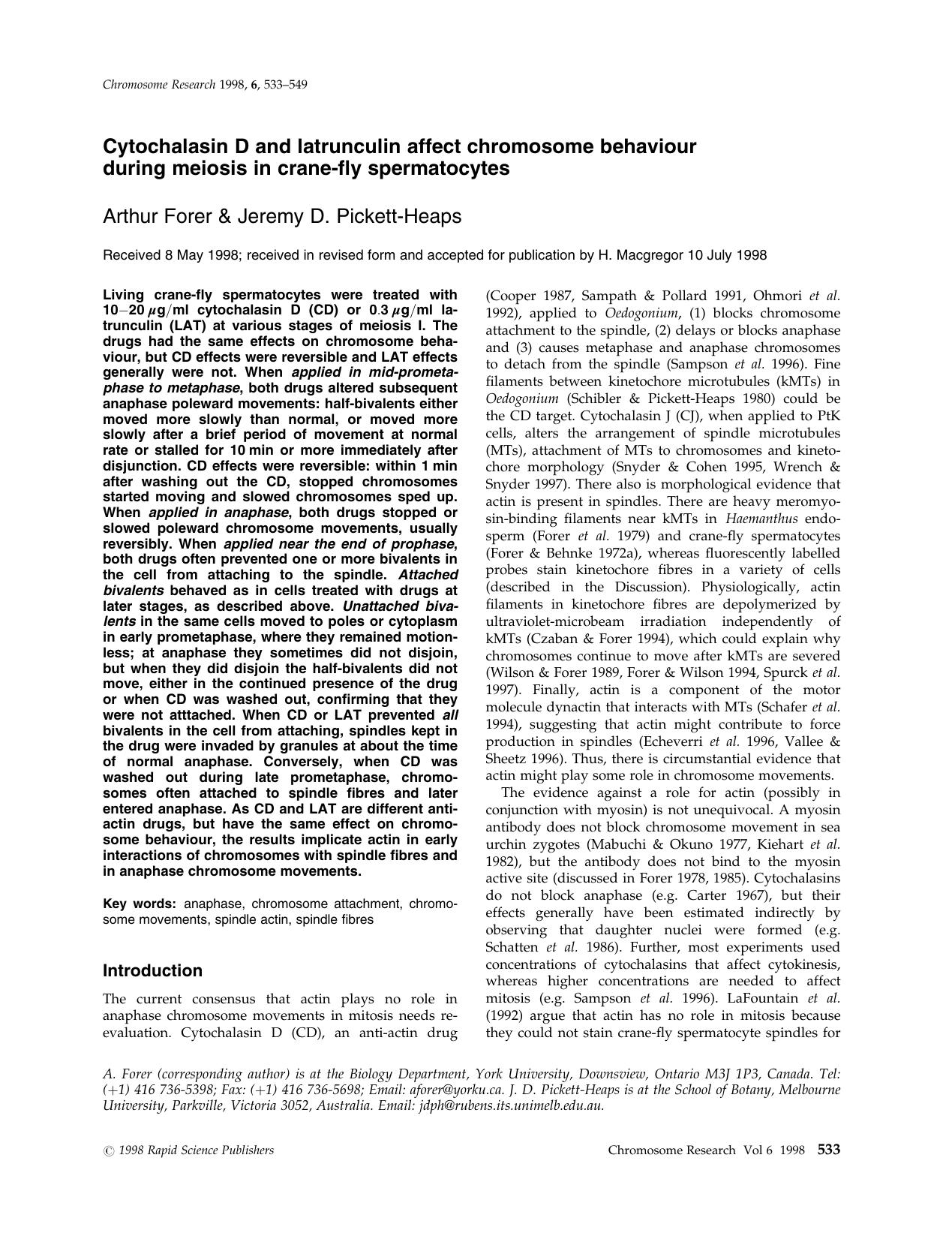 Cytochalasin D and Latrunculin Affect Chromosome Behaviour During Meiosis in Crane-fly Spermatocytes by Unknown