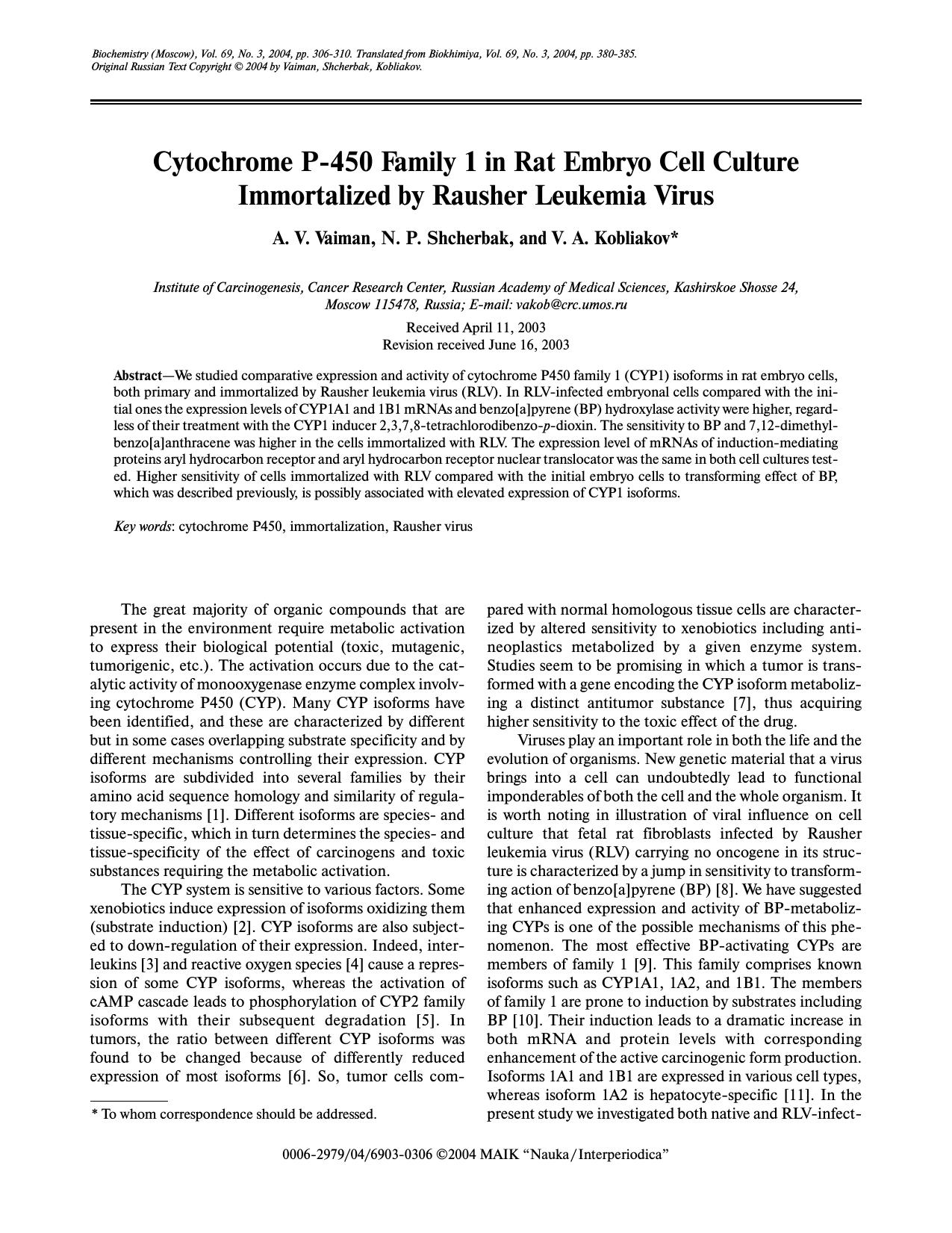 Cytochrome P-450 Family 1 in Rat Embryo Cell Culture Immortalized by Rausher Leukemia Virus by Unknown