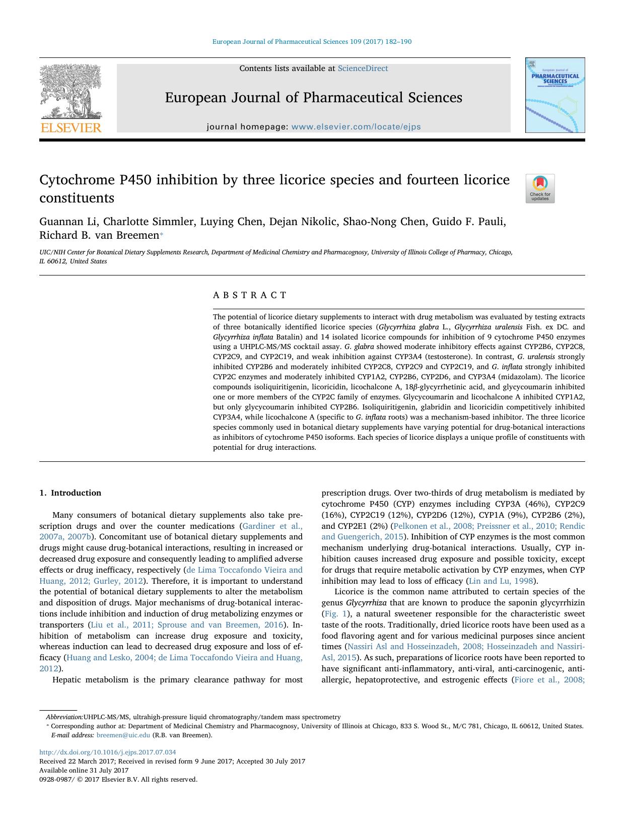 Cytochrome P450 inhibition by three licorice species and fourteen licorice constituents by unknow