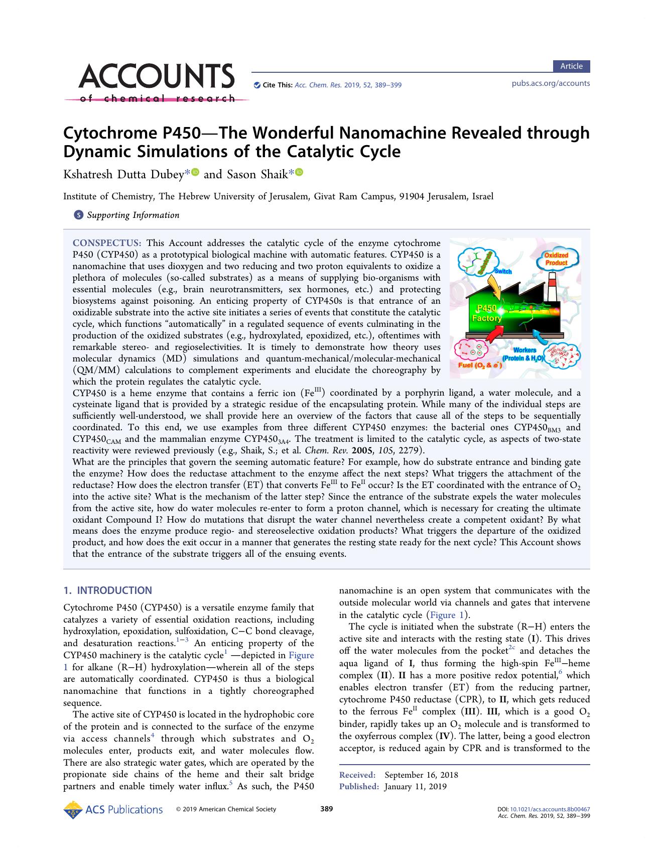 Cytochrome P450î¸The Wonderful Nanomachine Revealed through Dynamic Simulations of the Catalytic Cycle by Kshatresh Dutta Dubey; Sason Shaik & Sason Shaik