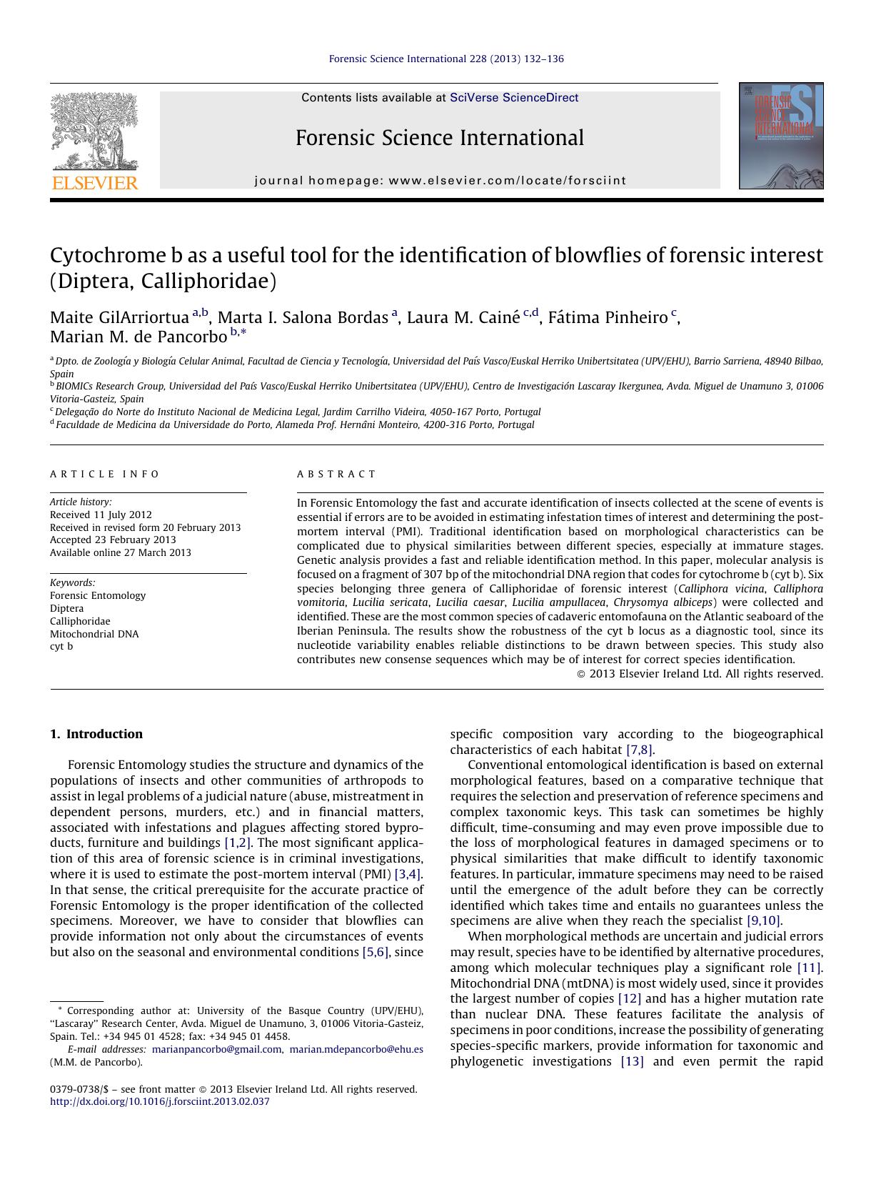 Cytochrome b as a useful tool for the identification of blowflies of forensic interest (Diptera, Calliphoridae) by Maite GilArriortua