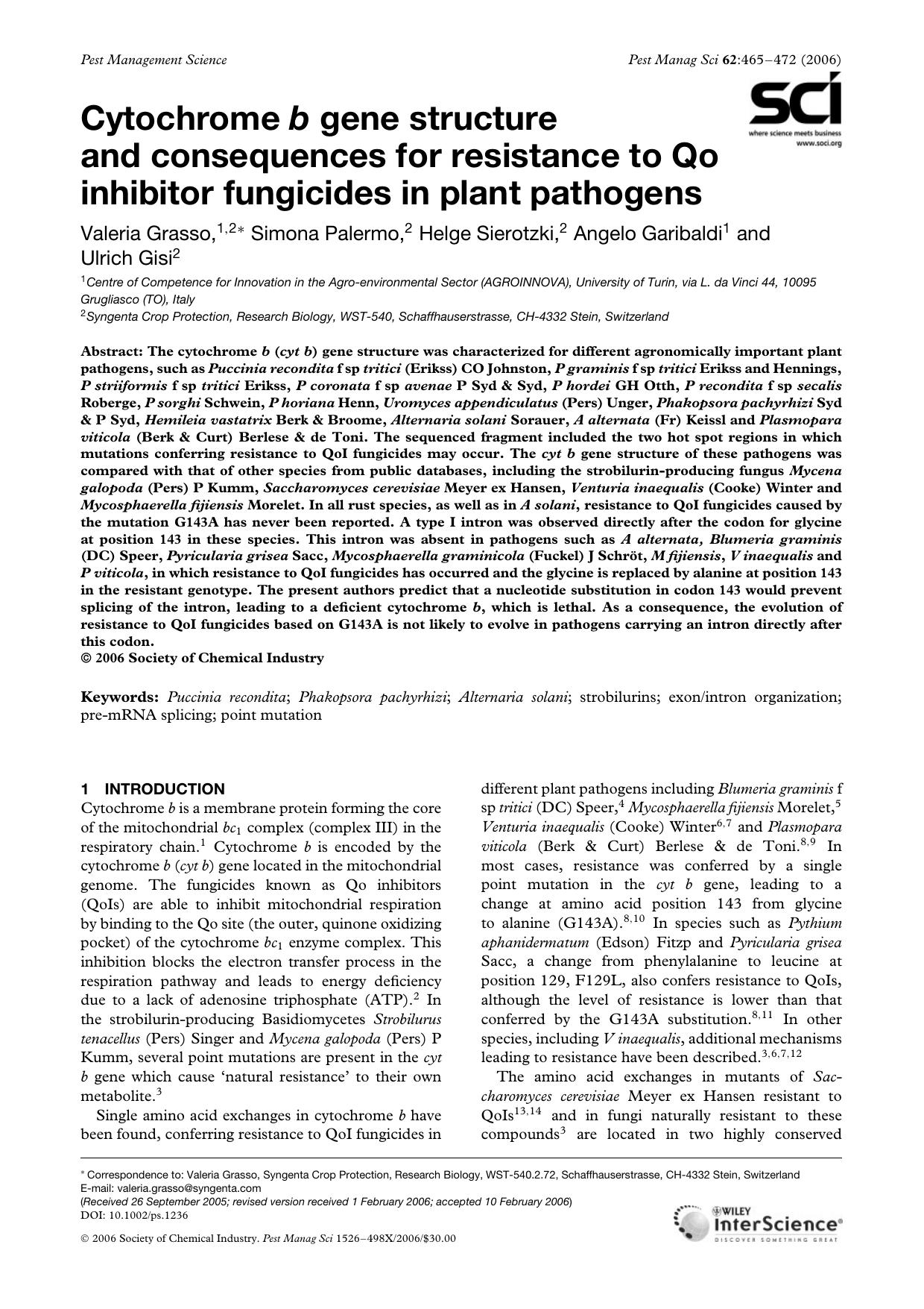 Cytochrome b gene structure and consequences for resistance to Qo inhibitor fungicides in plant pathogens by Unknown