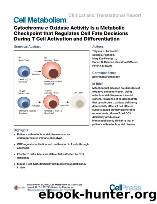 Cytochrome c Oxidase Activity Is a Metabolic Checkpoint that Regulates Cell Fate Decisions During T Cell Activation and Differentiation by unknow