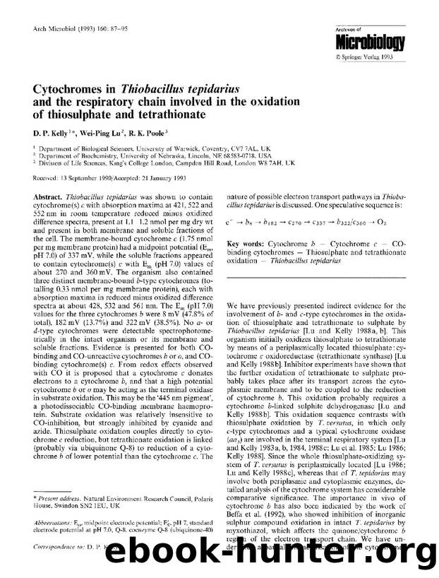 Cytochromes in <Emphasis Type="Italic">Thiobacillus tepidarius<Emphasis> and the respiratory chain involved in the oxidation of thiosulphate and tetrathionate by Unknown