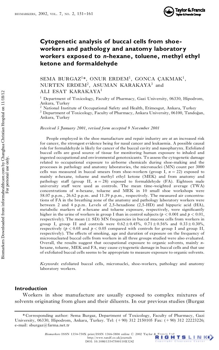 Cytogenetic analysis of buccal cells from shoeworkers and pathology and anatomy laboratory workers exposed to n-hexane, toluene, methyl ethyl ketone and formaldehyde by Sema Burgaz Onur Erdem Gonca Çakmak Nurten Erdem Asuman Karakaya & Ali Esat Karakaya
